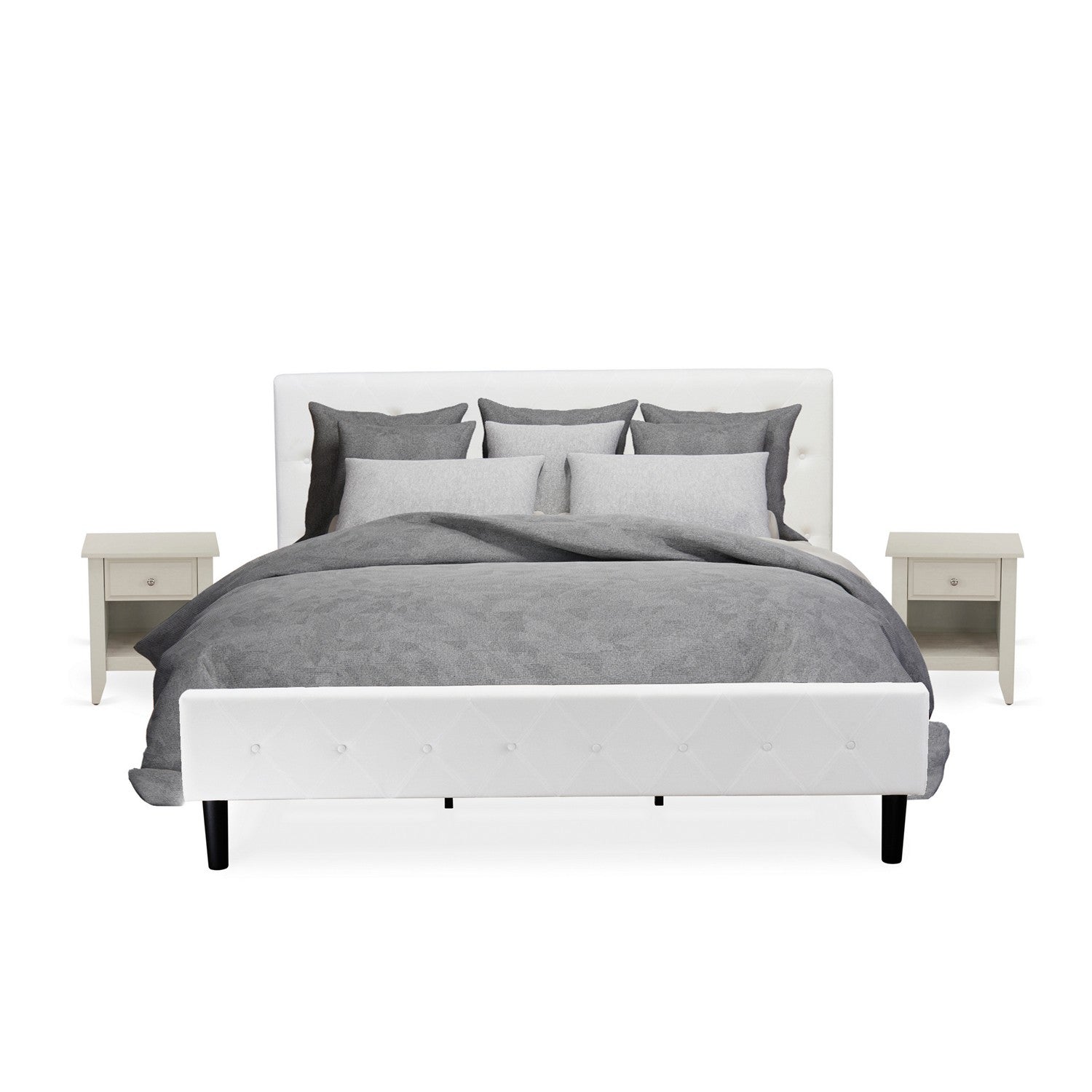 NL19K-2GA0C Juego de dormitorio moderno de 3 piezas: cama king size con botones capitoné, cabecera tapizada en tela de terciopelo blanco y mesita de noche con acabado en crema mantequilla cepillado con alambre.