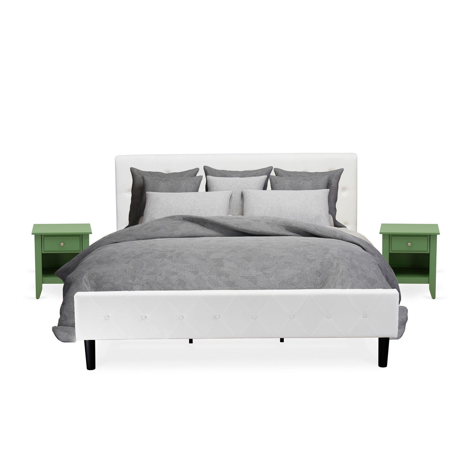 Juego de cama de 3 piezas NL19K-2GA12 - Cama king size con plataforma capitoné con botones - Cabecera tapizada en terciopelo blanco y mesita de noche con acabado verde trébol