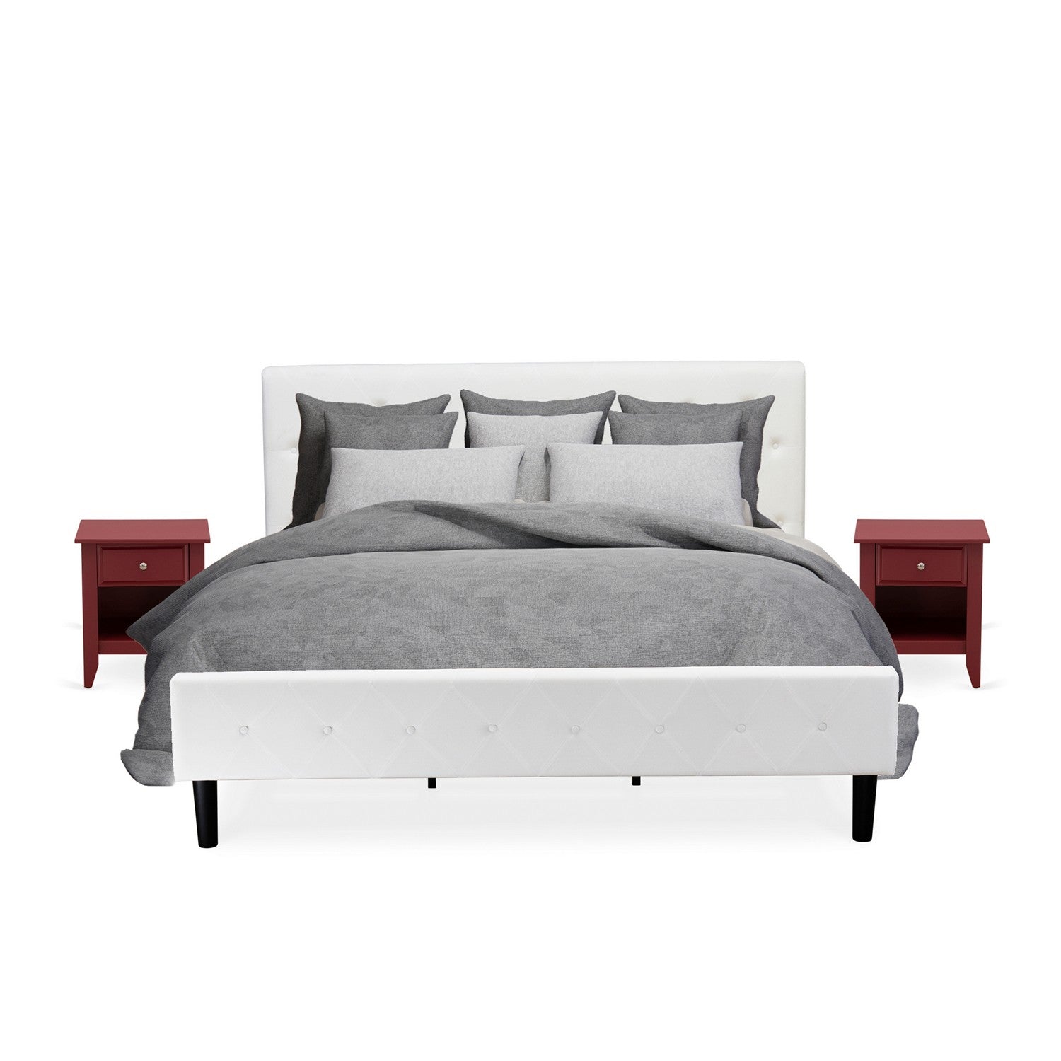 East West Furniture NL19K-2GA13 3 Piece Bed Set - Button Tufted Bed Frame - Linen white Velvet Fabric Upholstered Headboard and a Burgundy Finish Nightstand