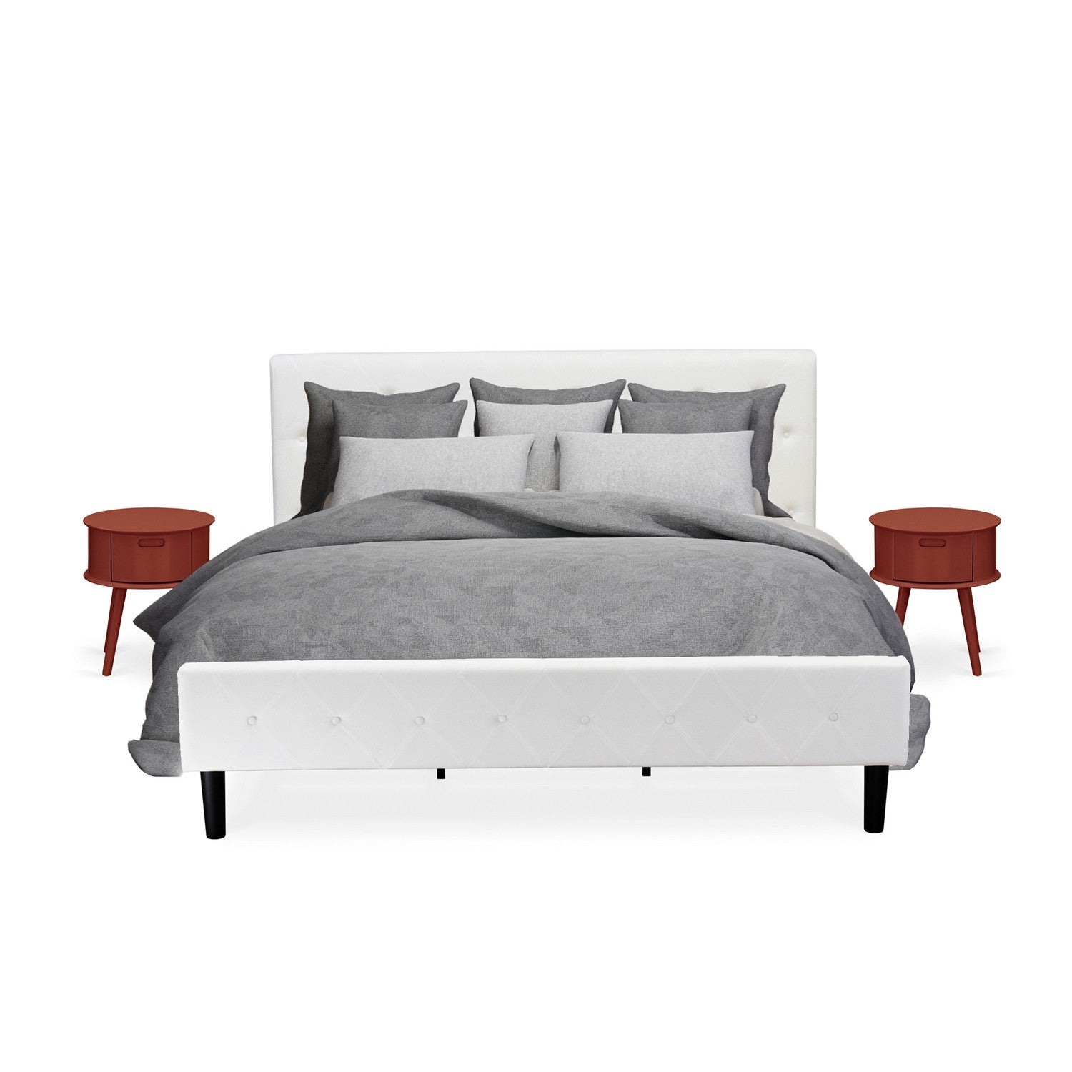 East West Furniture NL19K-2GO13 3 Piece King Bedroom Set - Button Tufted Platform Bed Frame - Linen white Velvet Fabric Upholstered Headboard and a Burgundy Finish Nightstand