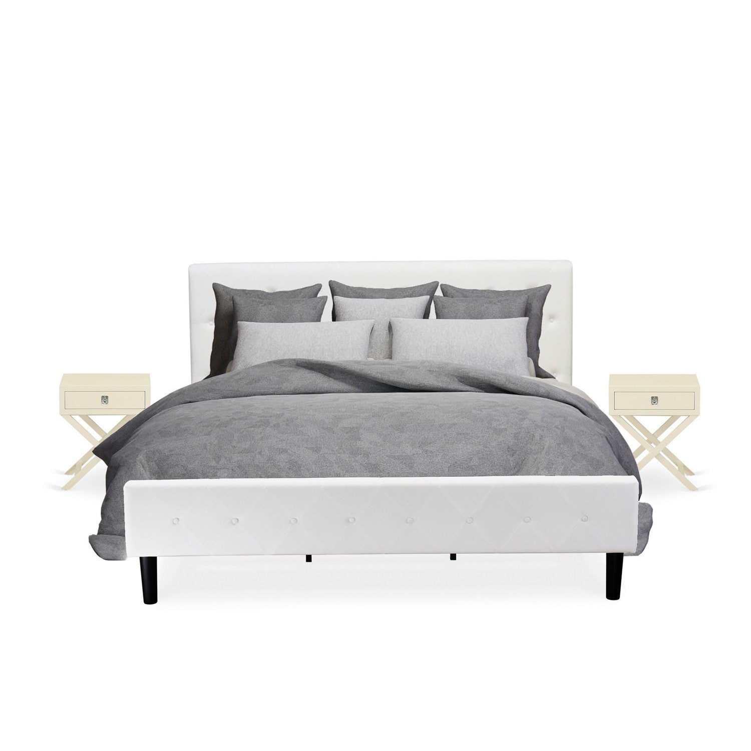 East West Furniture NL19K-2HA05 3 Piece Bedroom Set - King Size Button Tufted Bed - Linen white Velvet Fabric Upholstered Headboard and a linen white Finish Nightstand