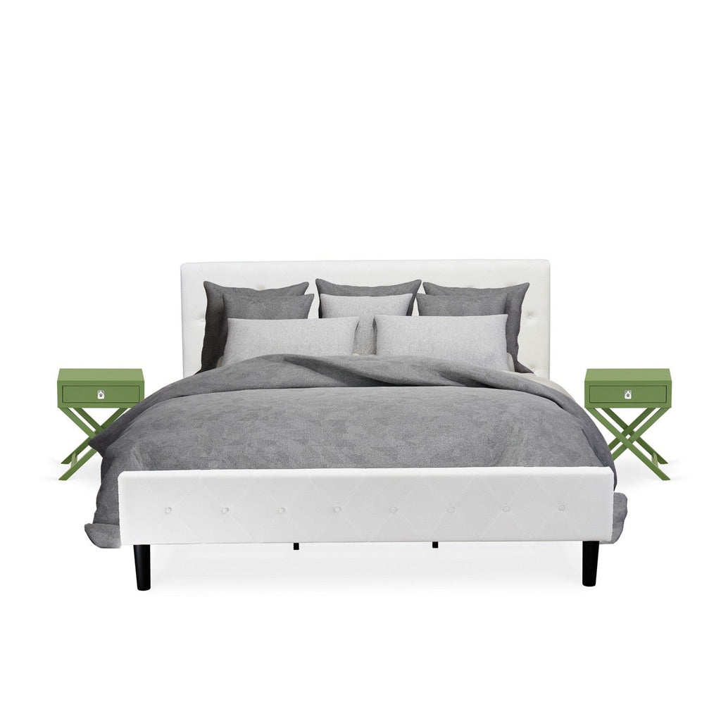 Juego de dormitorio de 3 piezas East West Furniture NL19K-2HA12: cama tamaño king con botones, cabecera tapizada en tela de terciopelo blanco y mesita de noche con acabado verde trébol.