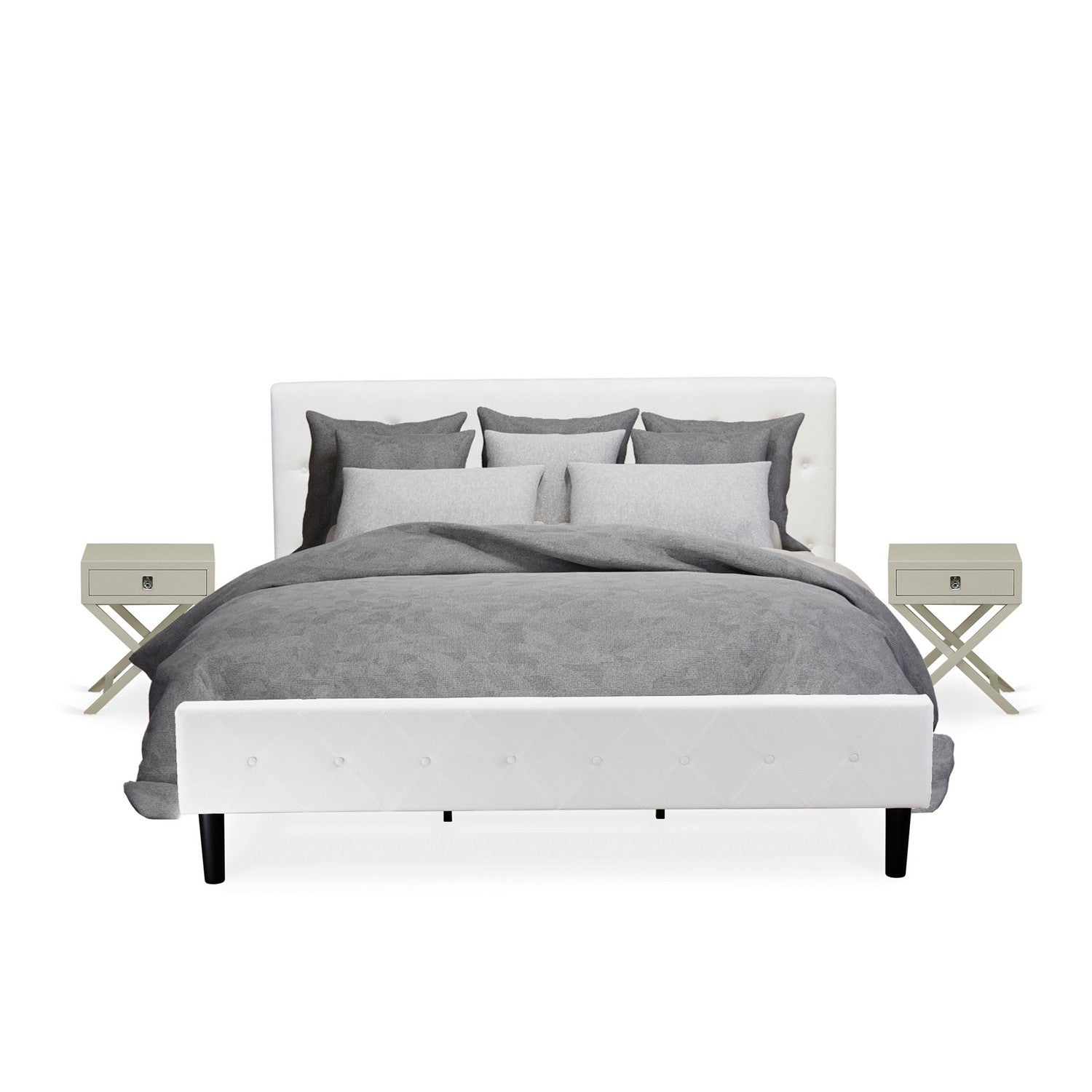 East West Furniture NL19K-2HA14 3 Piece Bedroom Set - Button Tufted Bed Frame - Linen white Velvet Fabric Upholstered Headboard and an Urban Gray Finish Nightstand