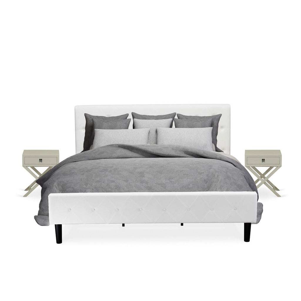 East West Furniture NL19K-2HA14 3 Piece Bedroom Set - Button Tufted Bed Frame - White Velvet Fabric Upholstered Headboard and an Urban Gray Finish Nightstand