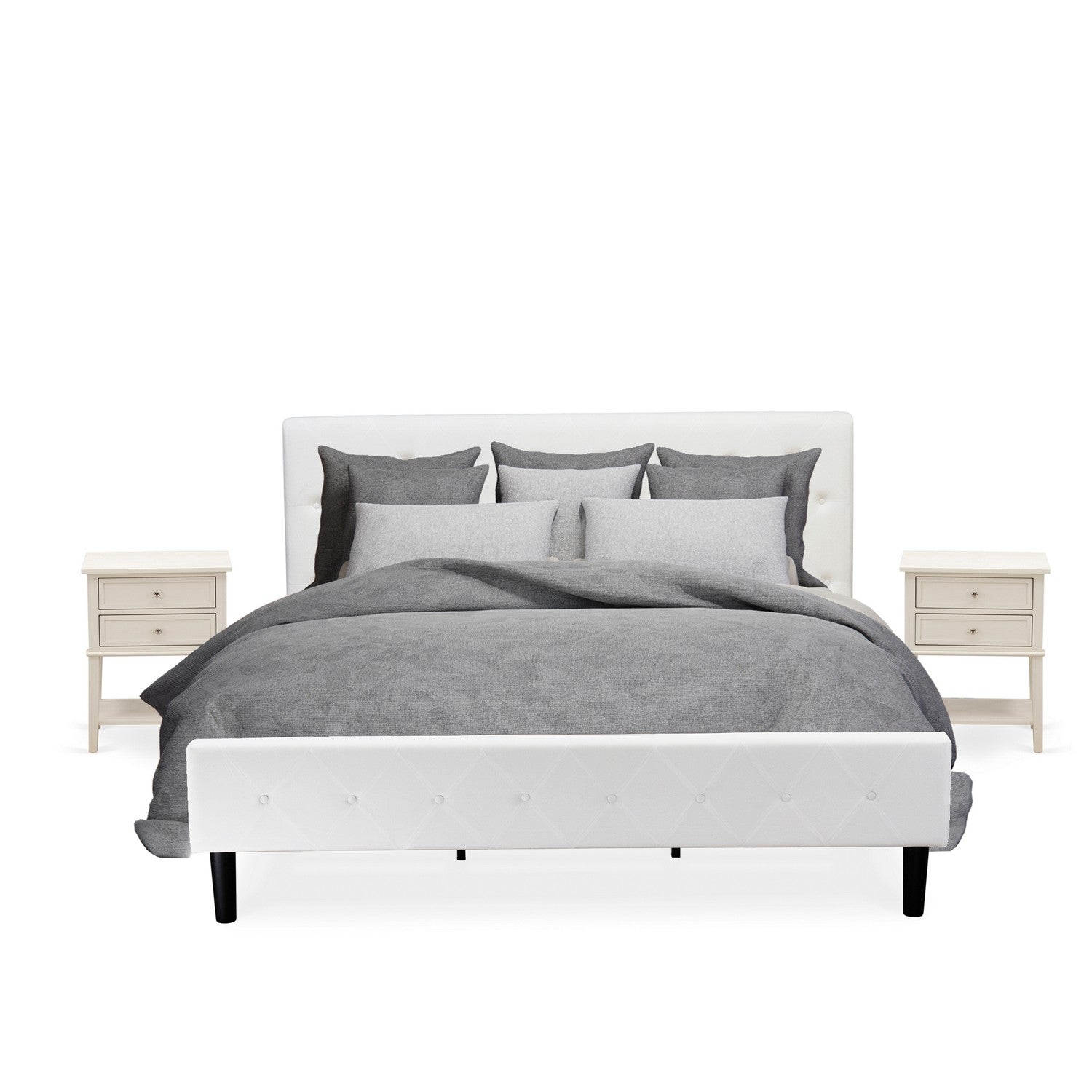 NL19K-2VL0C Juego de cama tamaño king de 3 piezas con estructura capitoné, cabecera tapizada en terciopelo blanco y mesita de noche con acabado en crema mantequilla cepillado con alambre.