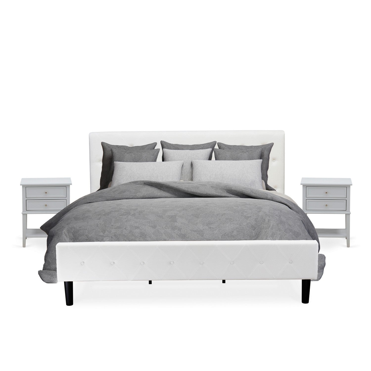 Juego de dormitorio tamaño king de 3 piezas NL19K-2VL14: cama de madera con botones, cabecera tapizada en tela de terciopelo blanco y mesita de noche con acabado gris urbano.
