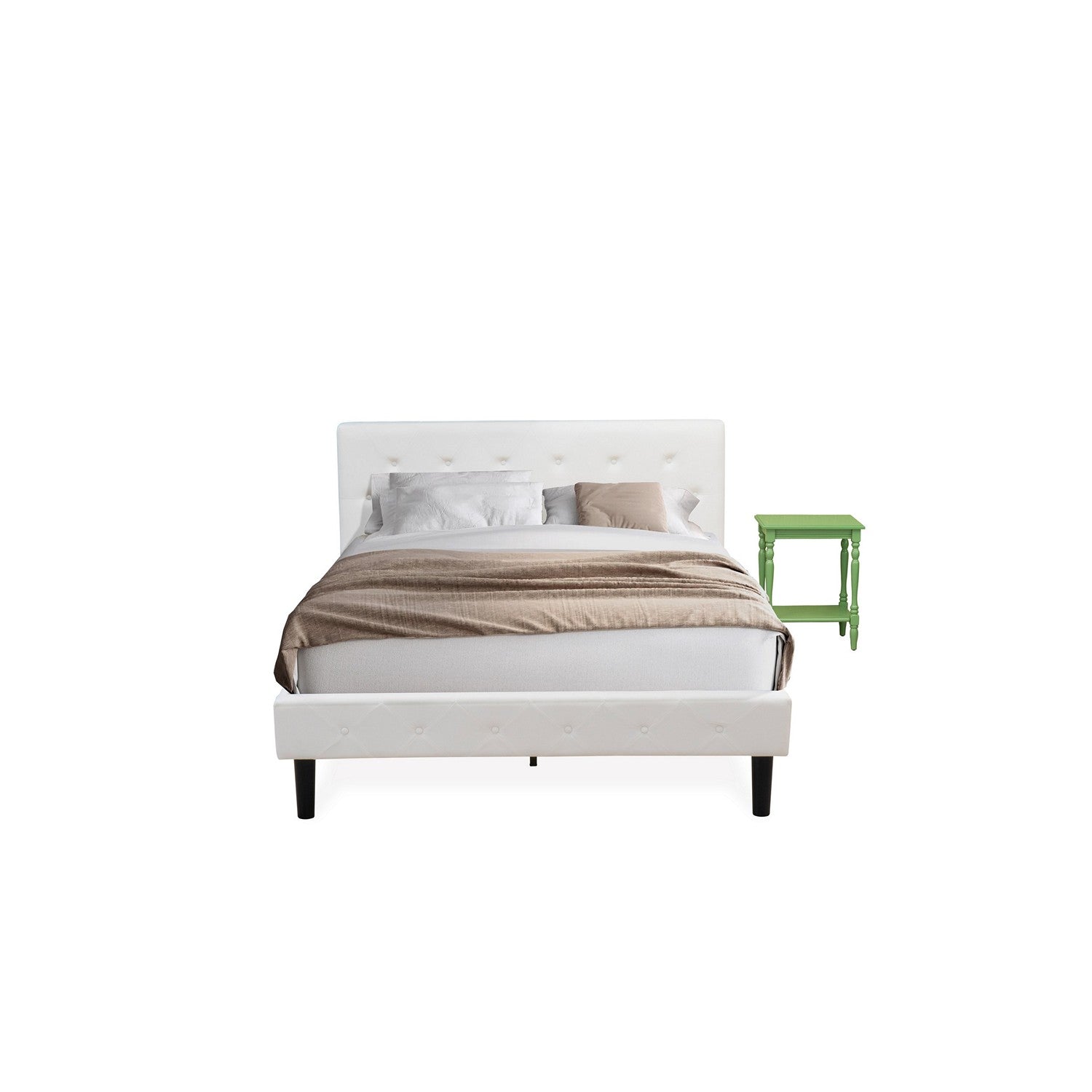 East West Furniture NL19Q-1BF12 2 Piece Queen Size Bed Set - Button Tufted Bed frame - Linen white Velvet Fabric Upholstered Headboard and a Clover Green Finish Nightstand