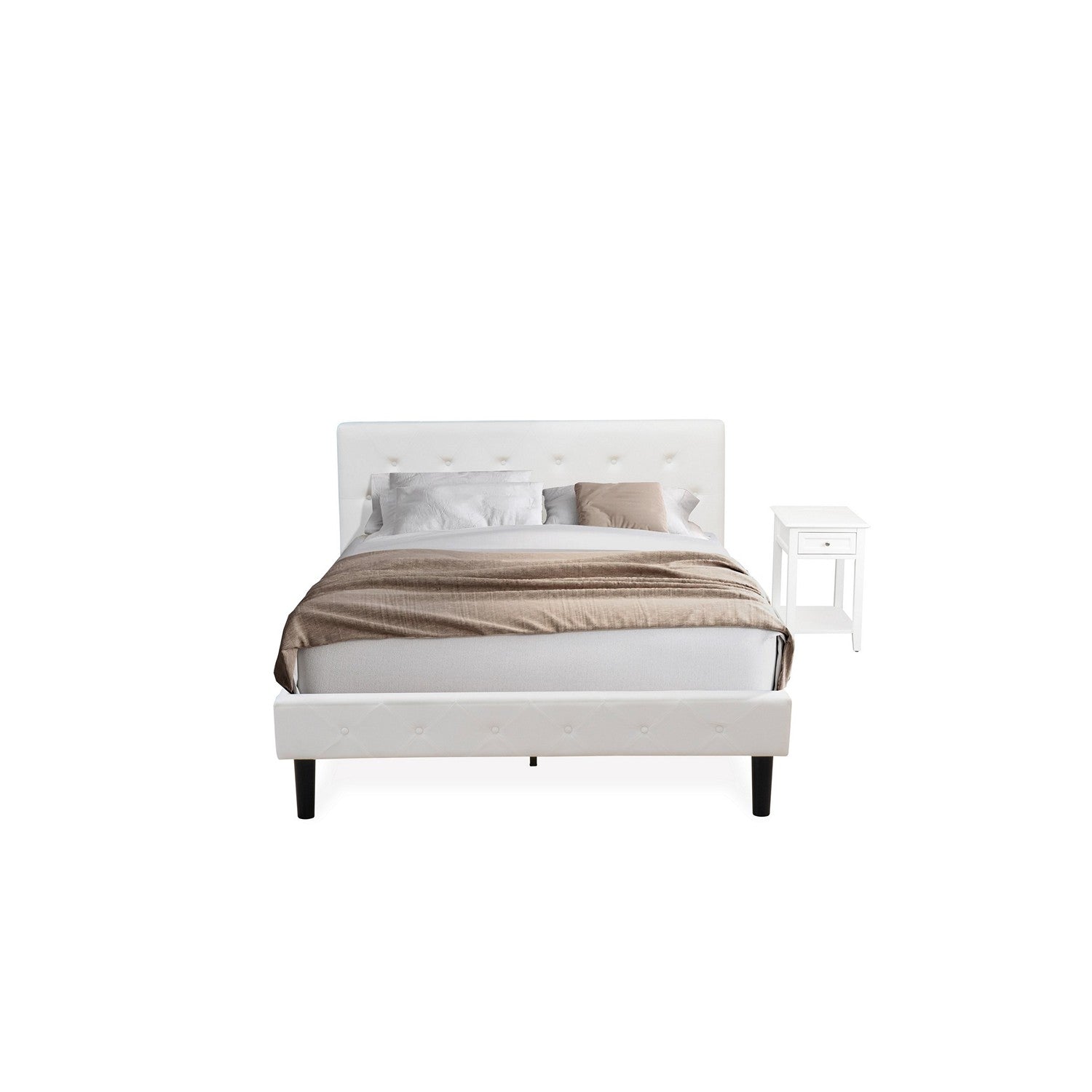East West Furniture NL19Q-1DE05 2 Piece Queen Size Bedroom Set - Button Tufted Modern Bed Frame - Linen white Velvet Fabric Upholstered Headboard and a Linen white Finish Nightstand