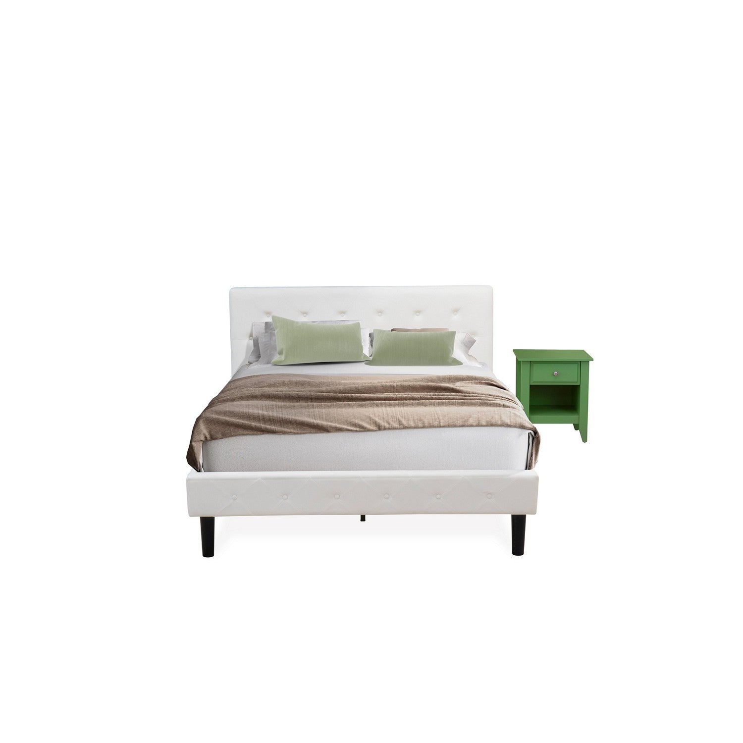 East West Furniture NL19Q-1GA12 2 Piece Bedroom Set - Button Tufted Platform Bed - Linen white Velvet Fabric Upholstered Headboard and a Clover Green Finish Nightstand