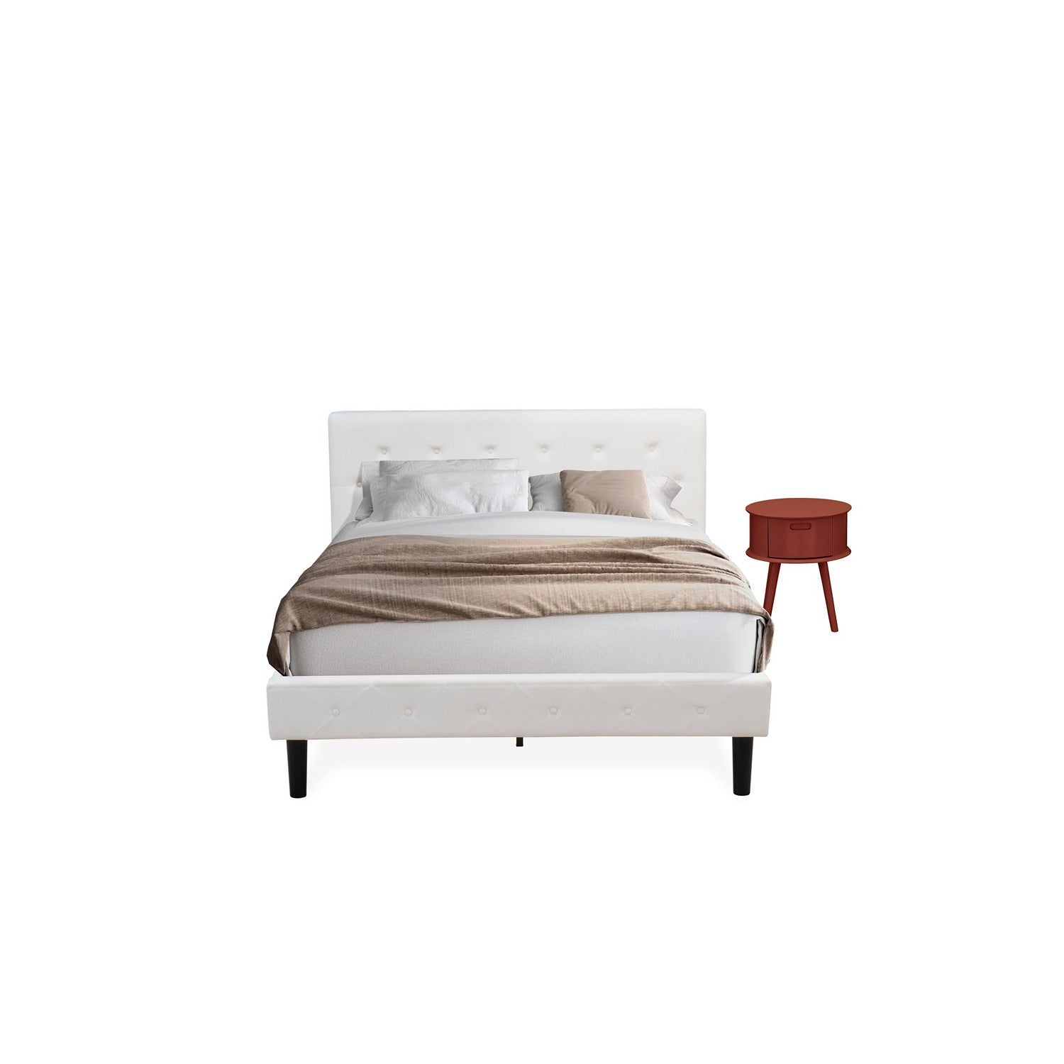 East West Furniture NL19Q-1GO13 2 Piece Bed Set - Button Tufted Queen Size Bed frame - Linen white Velvet Fabric Upholstered Headboard and a Burgundy Finish Nightstand