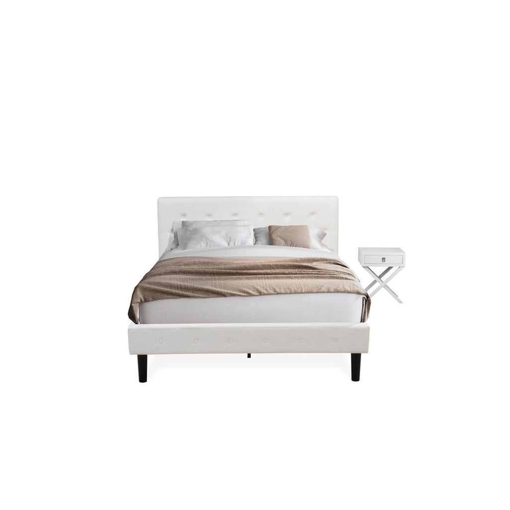 East West Furniture NL19Q-1HA05 2 Piece Modern Bedroom Set - Button Tufted Bed Frame - White Velvet Fabric Upholstered Headboard and a White Finish Nightstand