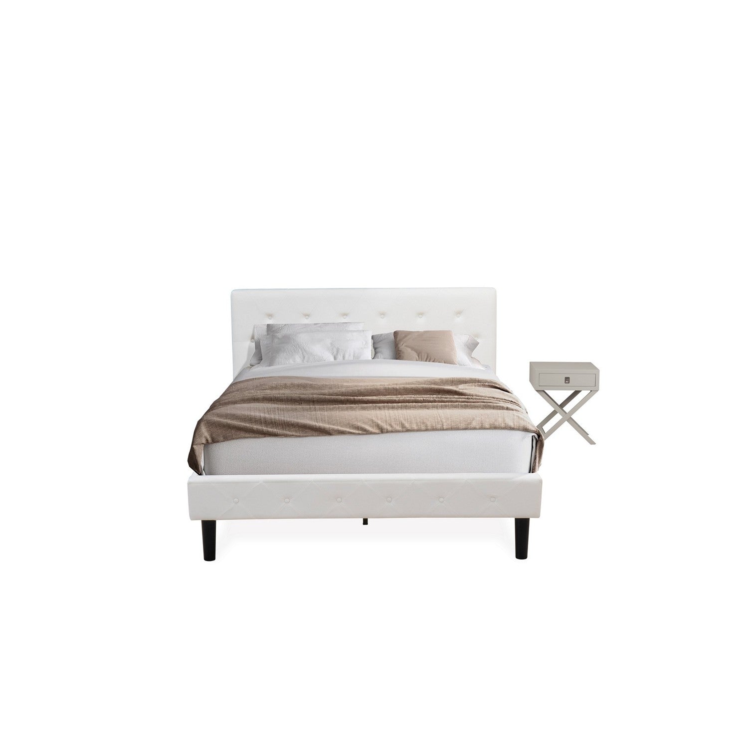 East West Furniture NL19Q-1HA14 2 Piece Bedroom Set - Queen Size Button Tufted Bed Frame - Linen white Velvet Fabric Upholstered Headboard and an Urban Gray Finish Nightstand