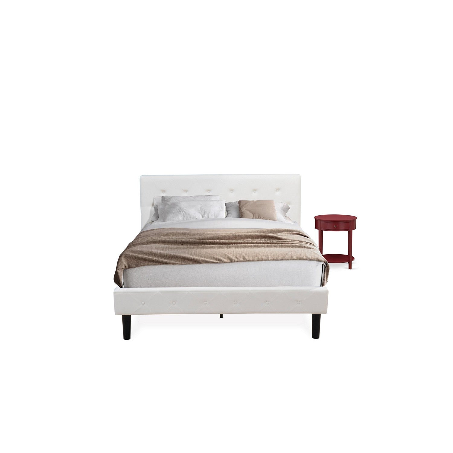 East West Furniture NL19Q-1HI13 2 Piece Modern Bedroom Set - Queen Size Button Tufted Bed - Linen white Velvet Fabric Upholstered Headboard and a Burgundy Finish Nightstand