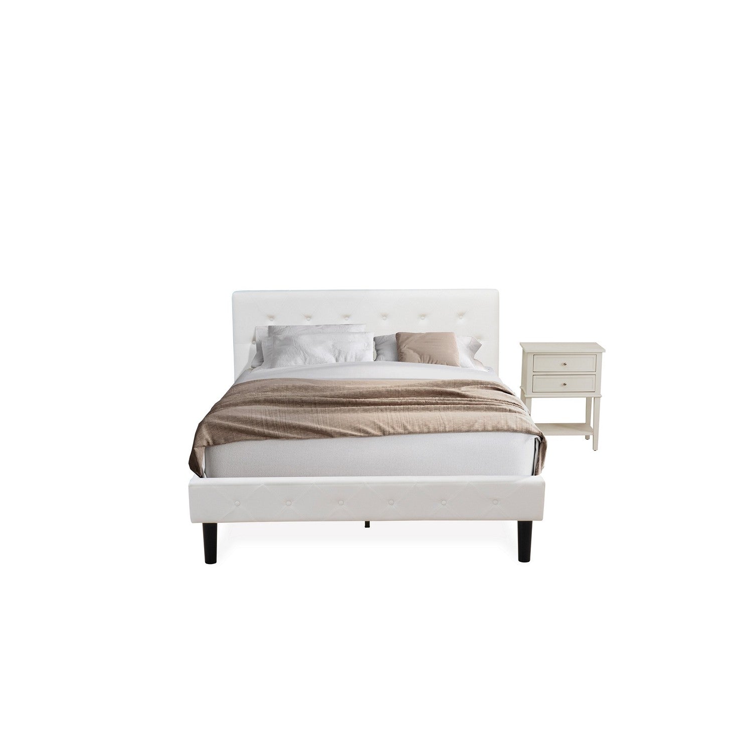East West Furniture NL19Q-1VL0C 2 Piece Modern Bedroom Set - Button Tufted Modern Bed - Linen white Velvet Fabric Upholstered Headboard and a Wire Brushed Butter Cream Finish Nightstand