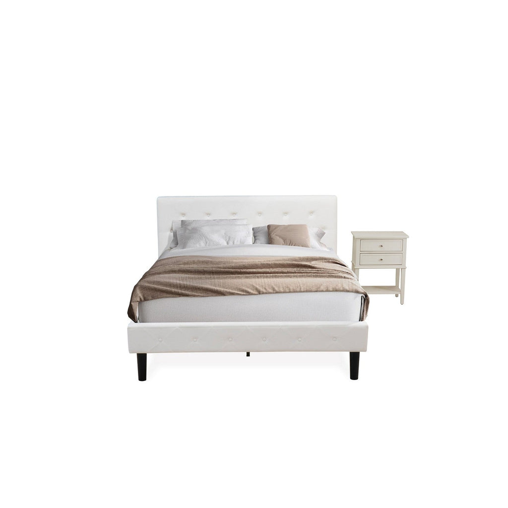 East West Furniture NL19Q-1VL0C 2 Piece Modern Bedroom Set - Button Tufted Modern Bed - White Velvet Fabric Upholstered Headboard and a Wire Brushed Butter Cream Finish Nightstand