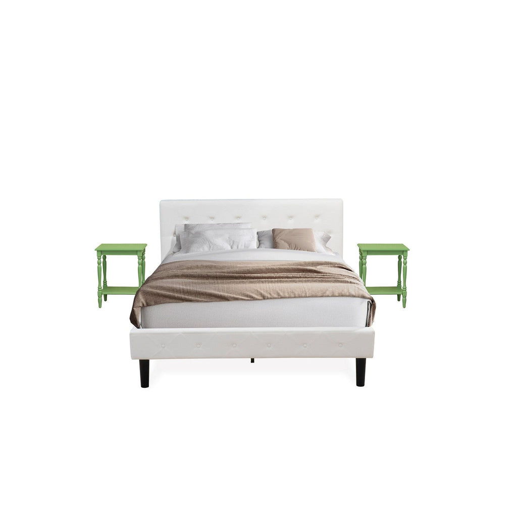 Juego de dormitorio de 3 piezas East West Furniture NL19Q-2BF12: estructura de cama de madera con botones capitoné, cabecera tapizada en terciopelo blanco y mesita de noche con acabado verde trébol.