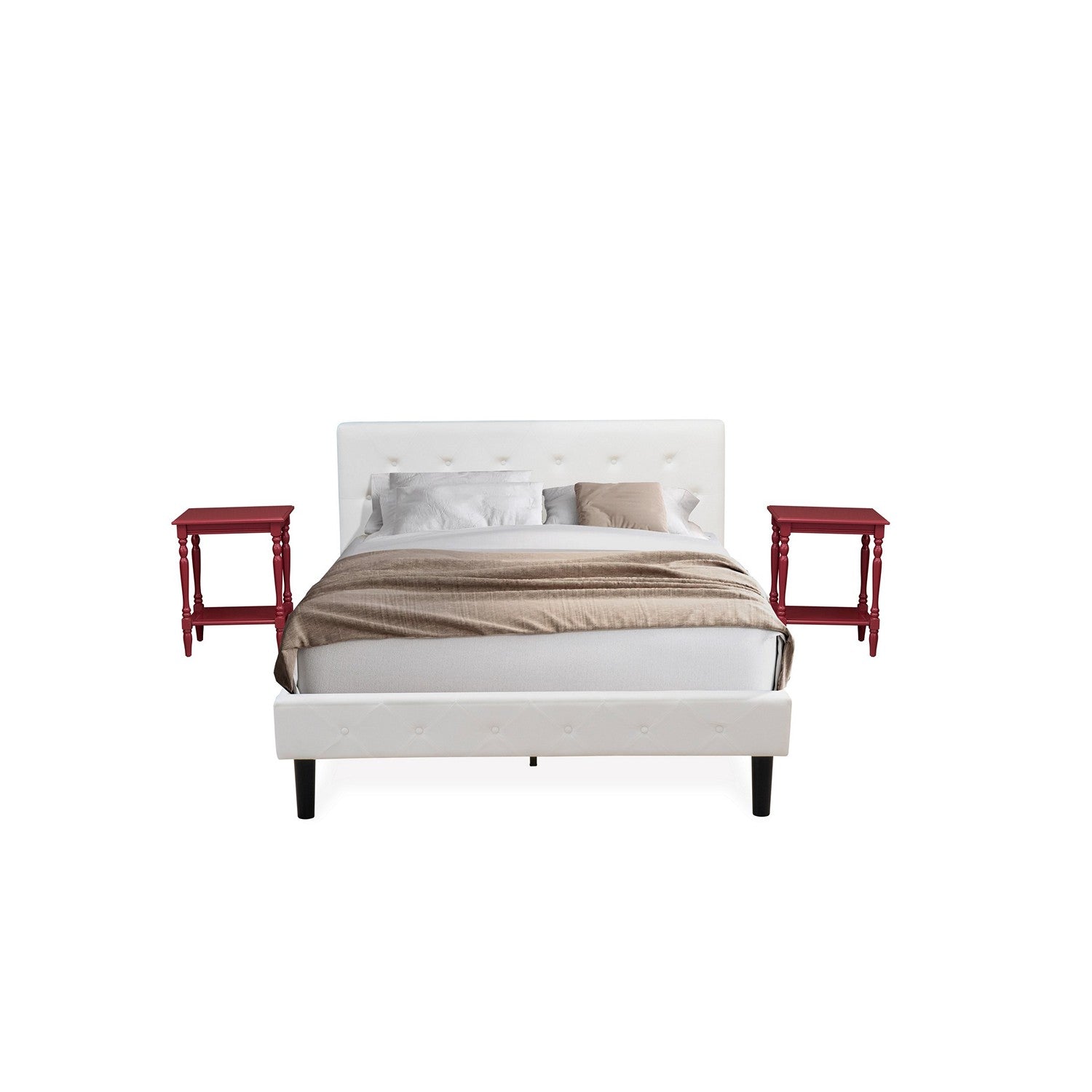 East West Furniture NL19Q-2BF13 3 Piece Bedroom Set - Button Tufted Platform Bed - Linen white Velvet Fabric Upholstered Headboard and a Burgundy Finish Nightstand