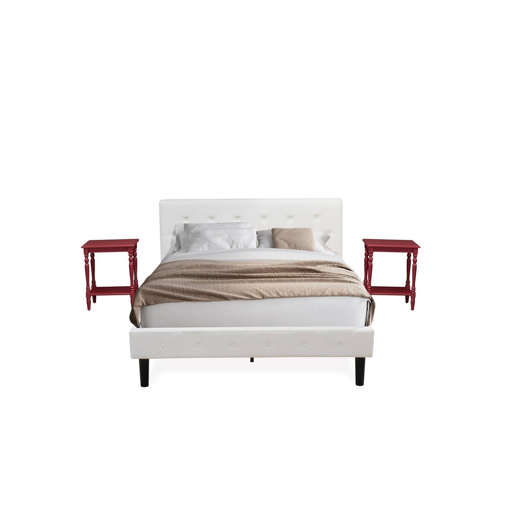 East West Furniture NL19Q-2BF13 3 Piece Bedroom Set - Button Tufted Platform Bed - White Velvet Fabric Upholstered Headboard and a Burgundy Finish Nightstand