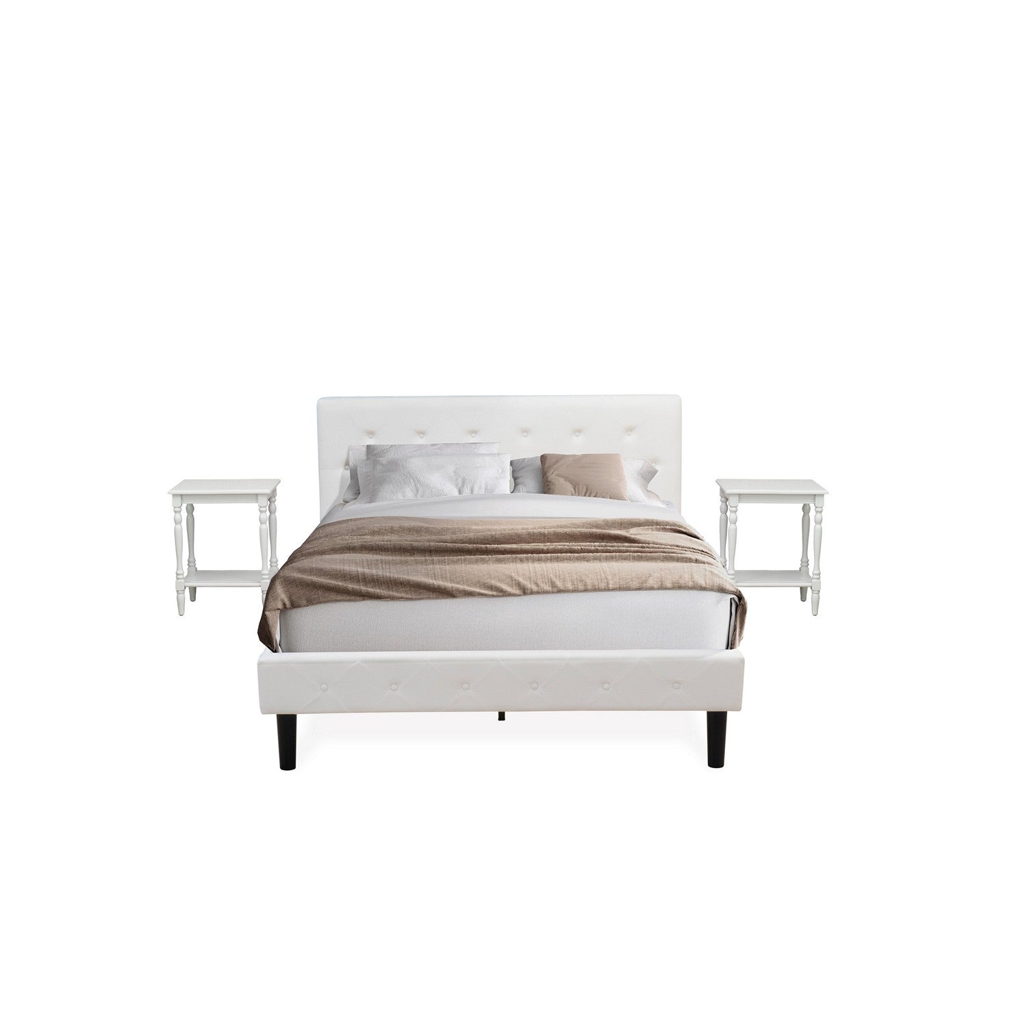 East West Furniture NL19Q-2BF14 3 Piece Queen Size Bedroom Set - Button Tufted Bed frame with Button Tufted - Linen white Velvet Fabric Upholstered Headboard and an Urban Gray Finish Nightstand