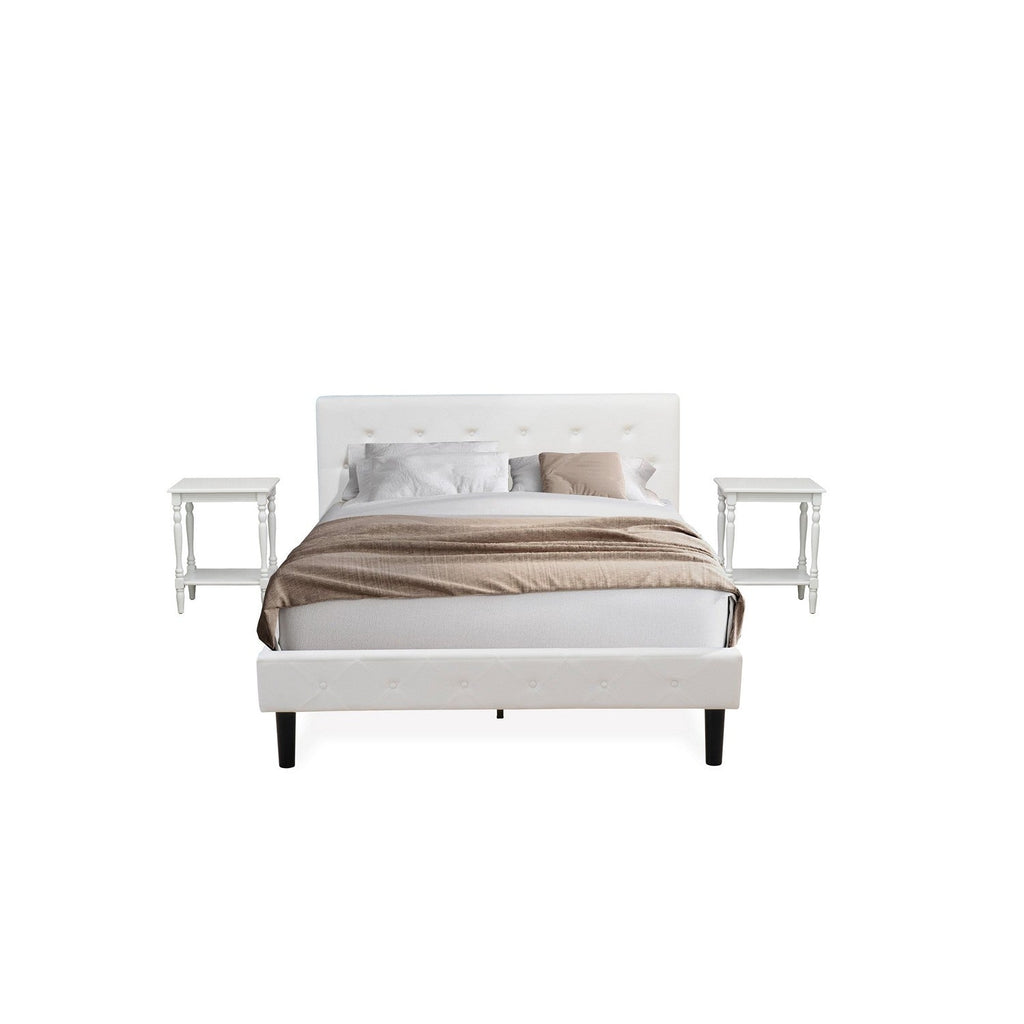 East West Furniture NL19Q-2BF14 3 Piece Queen Size Bedroom Set - Button Tufted Bed frame with Button Tufted - White Velvet Fabric Upholstered Headboard and an Urban Gray Finish Nightstand