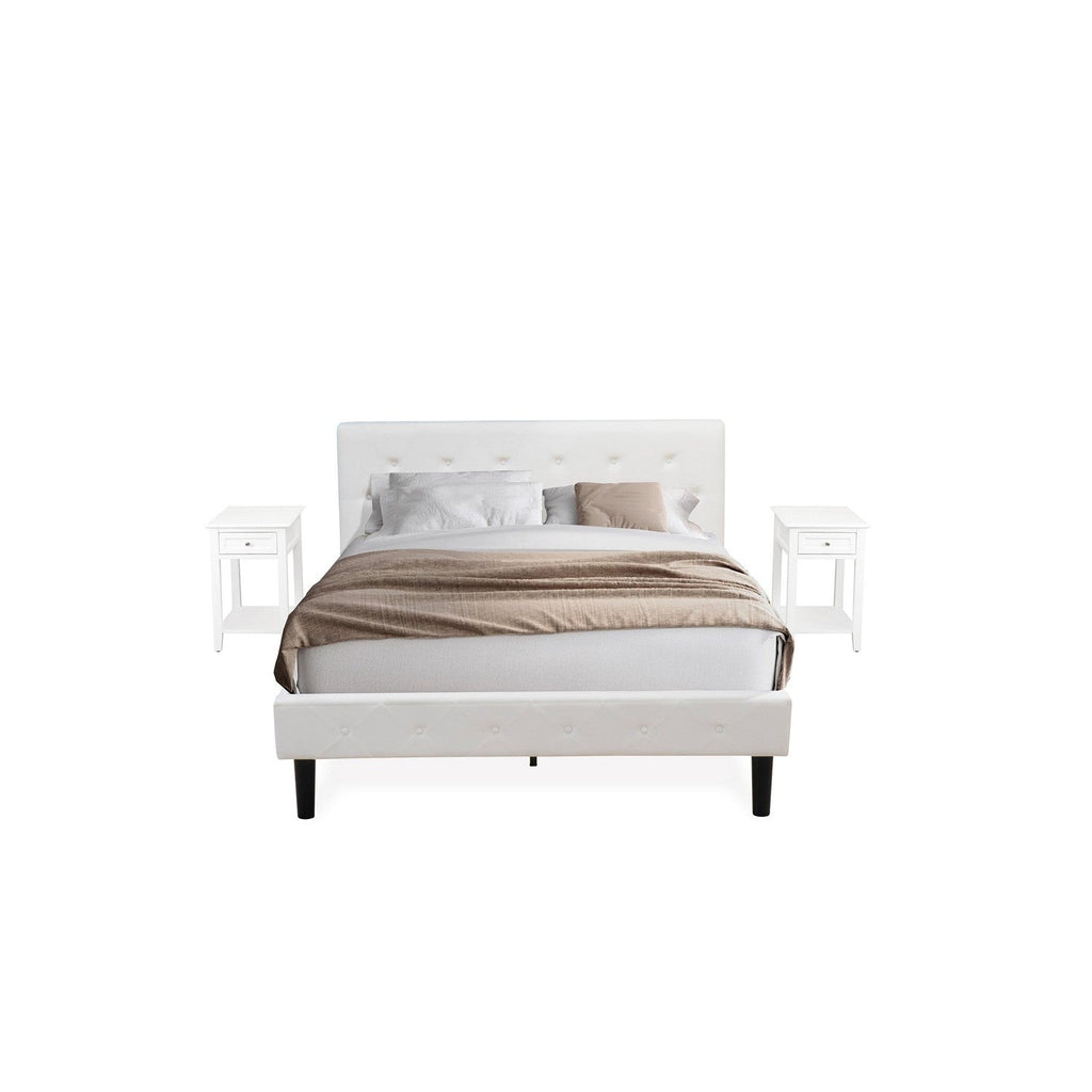 East West Furniture NL19Q-2DE05 3 Piece Bedroom Set - Queen Button Tufted Bed - White Velvet Fabric and Upholstered Headboard and a White Finish Nightstand