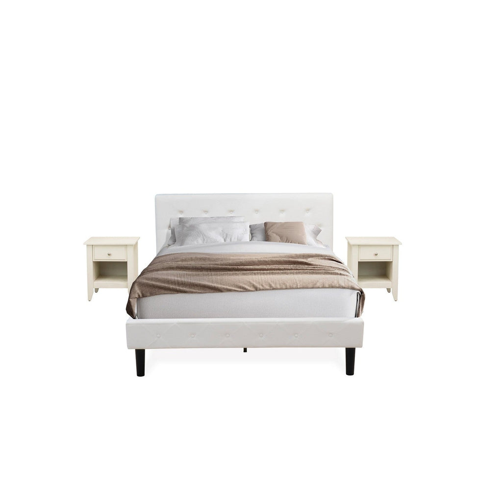 East West Furniture NL19Q-2GA0C 3 Piece Queen Bed Set - Button Tufted Bed frame - White Velvet Fabric Upholstered Headboard and a Wire Brushed Butter Cream Finish Nightstand