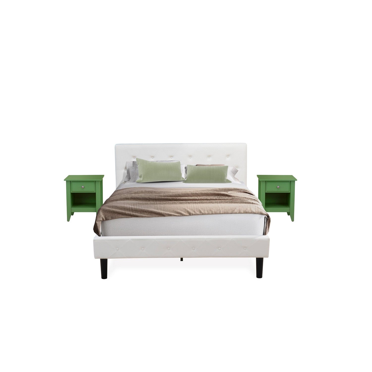 East West Furniture NL19Q-2GA12 3 Piece Queen Size Bedroom Set - Button Tufted Bed Frame - Linen white Velvet Fabric Upholstered Headboard and a Clover Green Finish Nightstand
