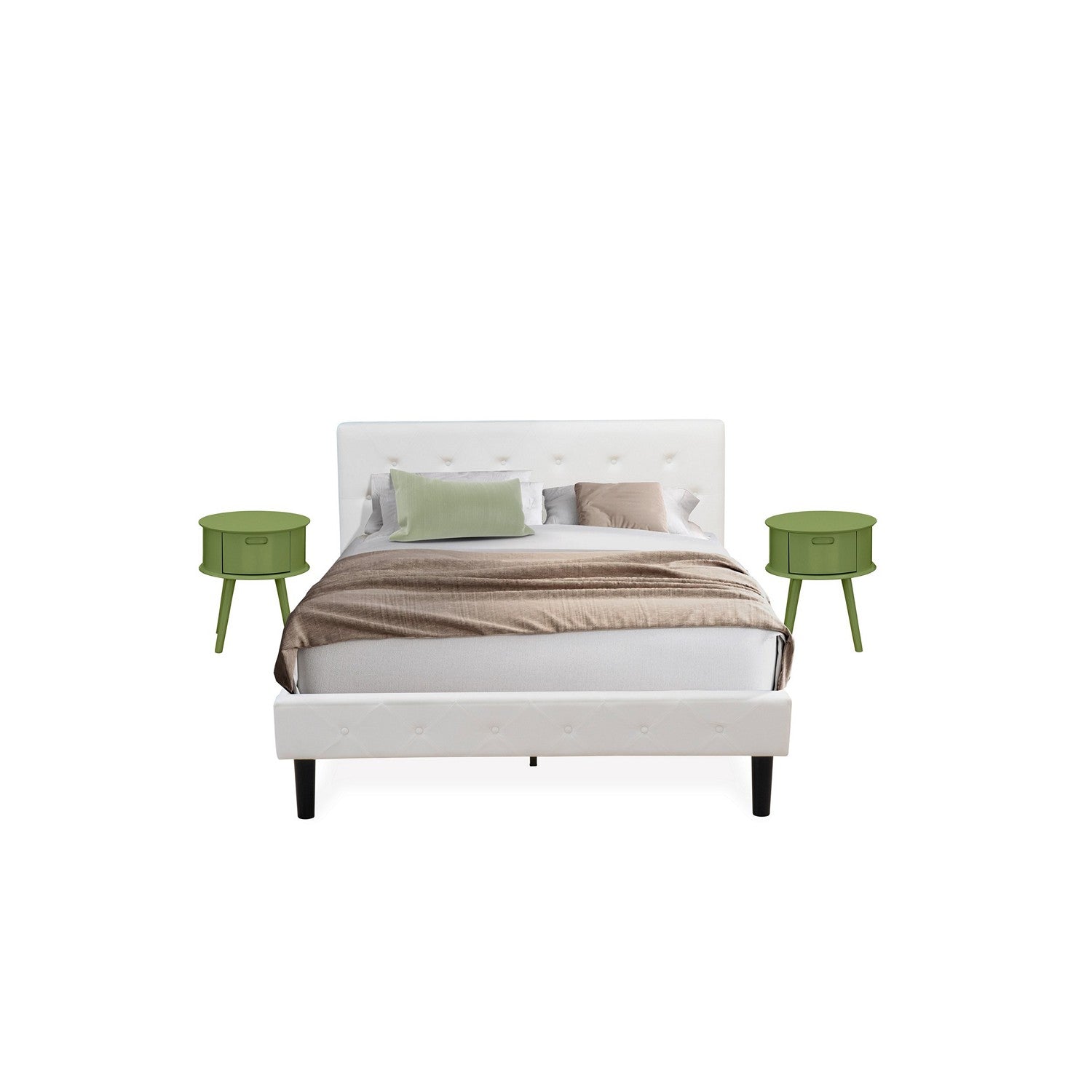 East West Furniture NL19Q-2GO12 3 Piece Bed Set - Button Tufted Wood Bed Frame - Linen white Velvet Fabric Upholstered Headboard and a Clover Green Finish Nightstand