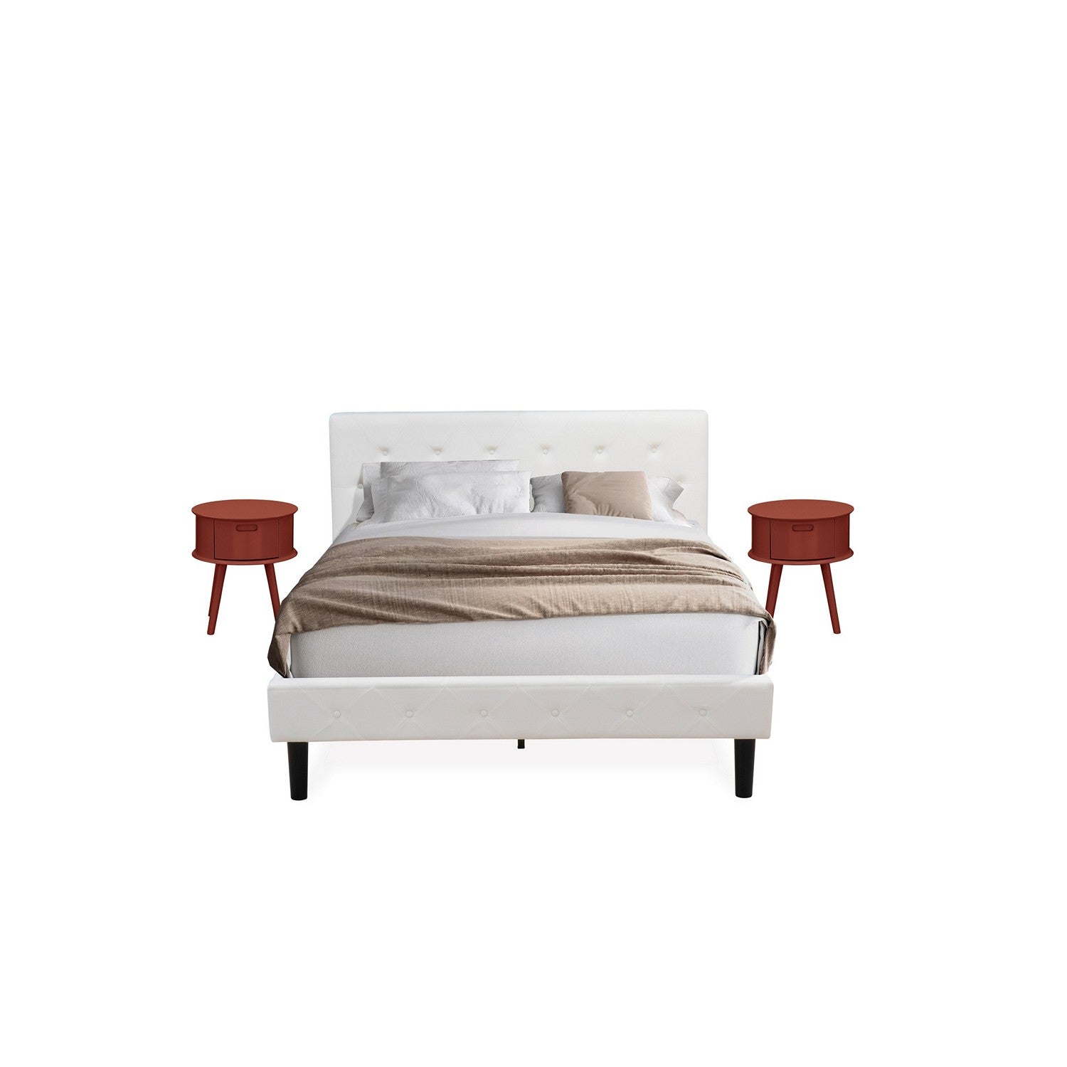 East West Furniture NL19Q-2GO13 3 Piece Queen Bed Set - Button Tufted Bed frame - Linen white Velvet Fabric Upholstered Headboard and a Burgundy Finish Nightstand
