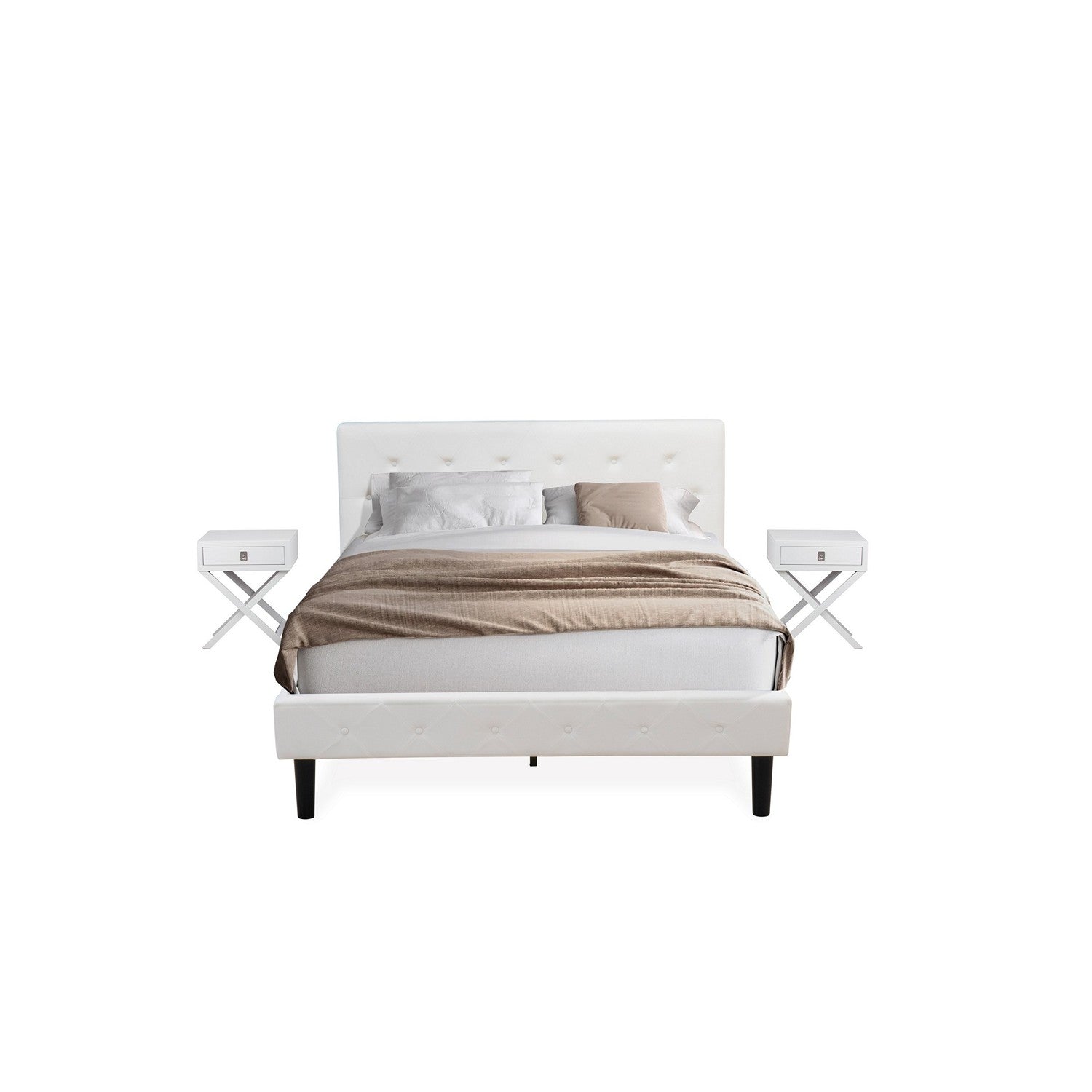 East West Furniture NL19Q-2HA05 3 Piece Queen Size Bedroom Set - Button Tufted Bed Frame - Linen white Velvet Fabric Upholstered Headboard and a Linen white Finish Nightstand