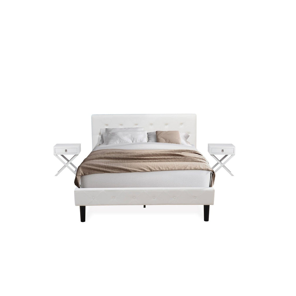 East West Furniture NL19Q-2HA05 3 Piece Queen Size Bedroom Set - Button Tufted Bed Frame - White Velvet Fabric Upholstered Headboard and a White Finish Nightstand