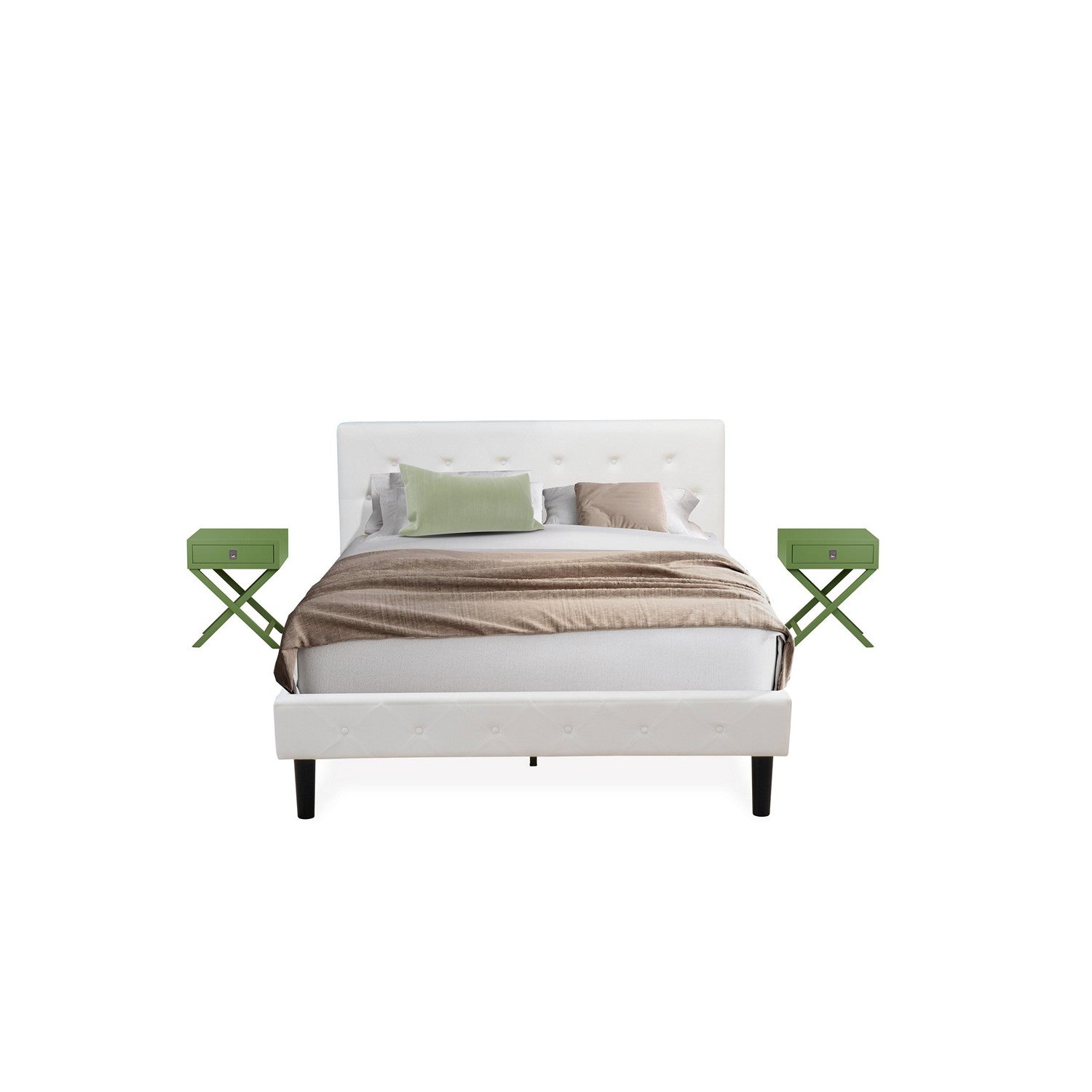 East West Furniture NL19Q-2HA12 3 Piece Bed Set - Queen Size Button Tufted Bed Frame - Linen white Velvet Fabric Upholstered Headboard and a Clover Green Finish Nightstand