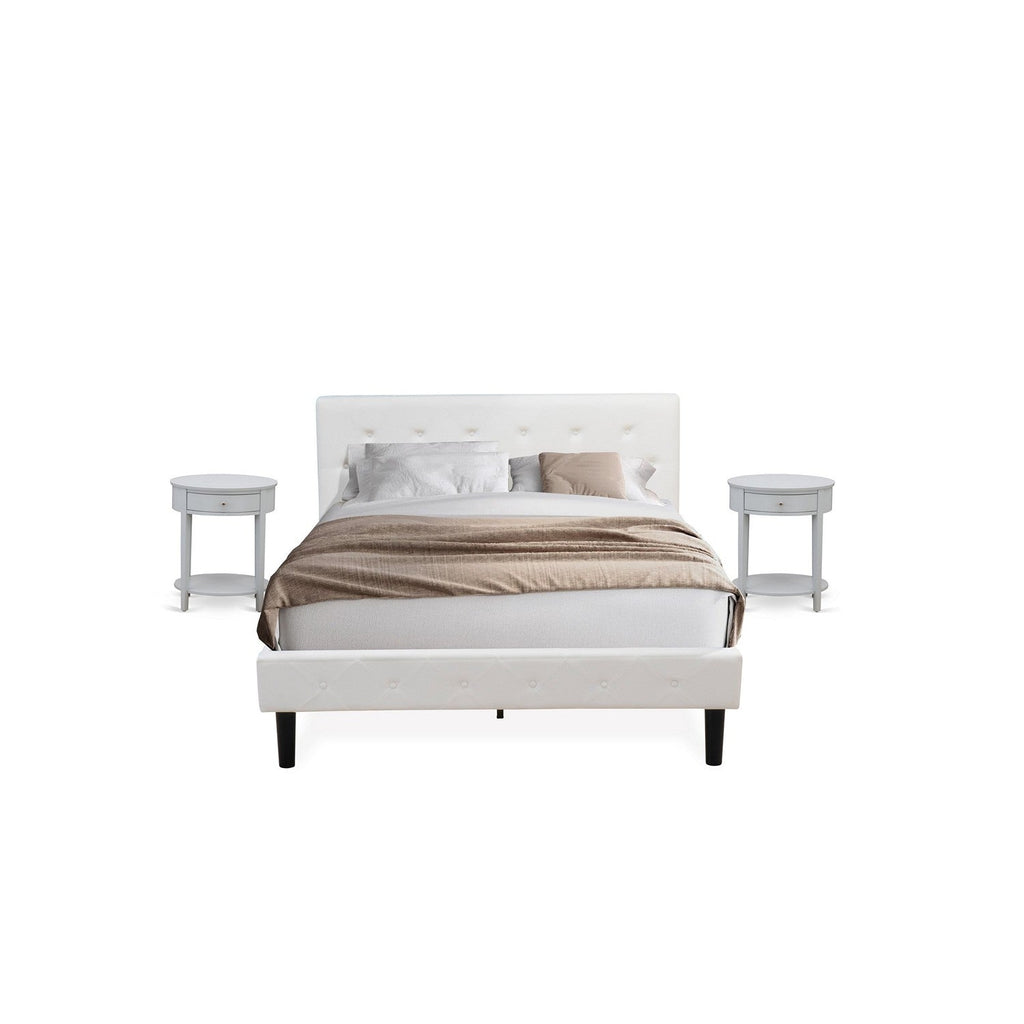 East West Furniture NL19Q-2HI14 3 Piece Bed Set - Button Tufted Platform Bed - White Velvet Fabric Upholstered Headboard and an Urban Gray Finish Nightstand