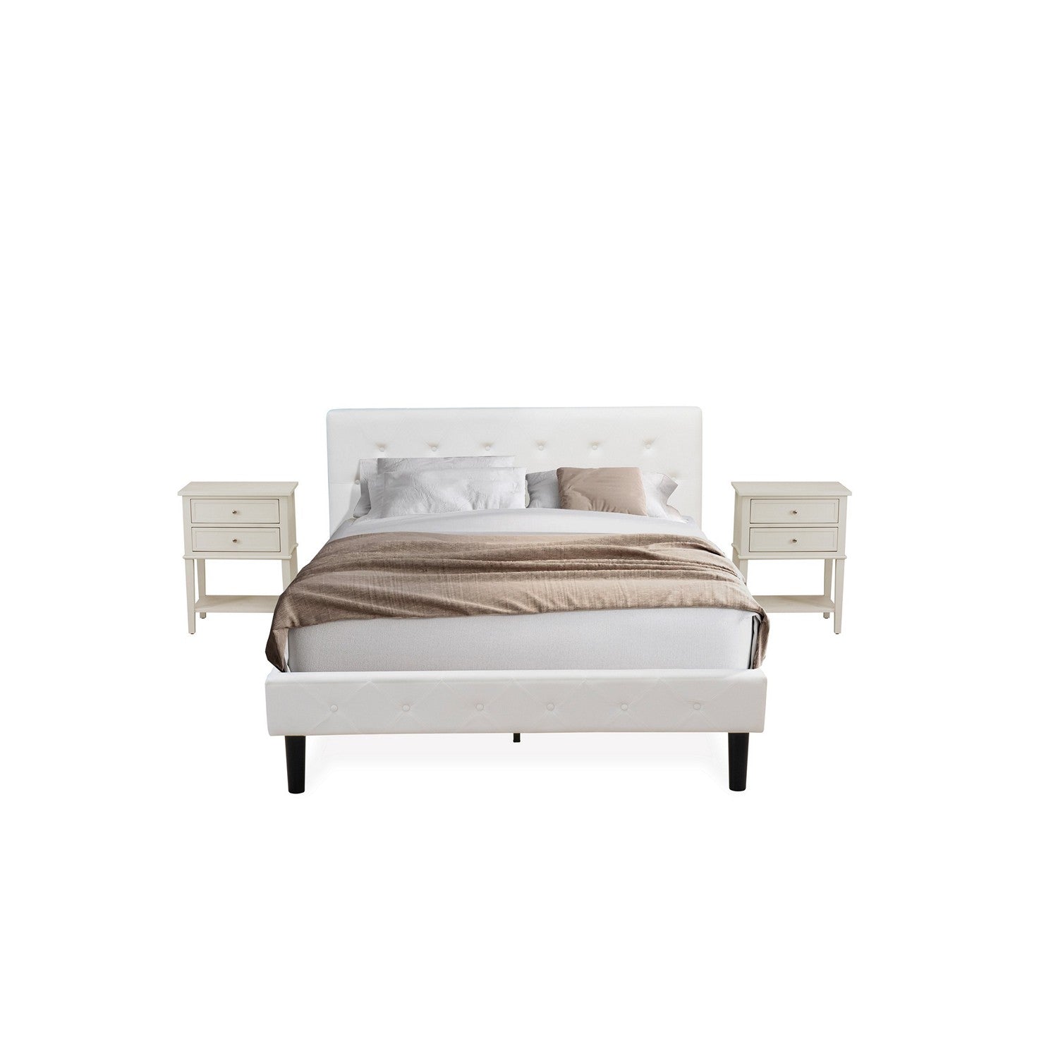 East West Furniture NL19Q-2VL0C 3 Piece Queen Size Bedroom Set - Button Tufted Bed - Linen white Velvet Fabric Upholstered Headboard and a Wire Brushed Butter Cream Finish Nightstand
