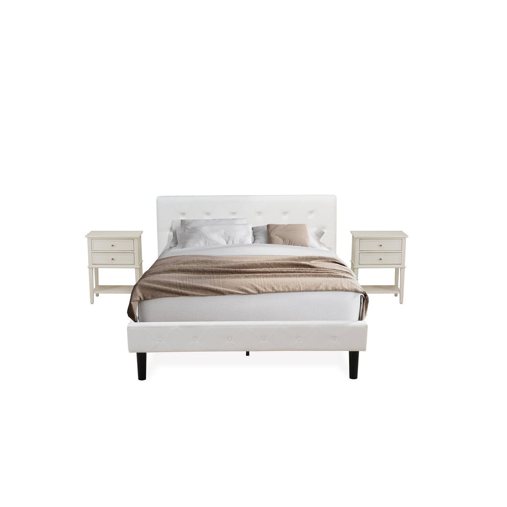 East West Furniture NL19Q-2VL0C 3 Piece Queen Size Bedroom Set - Button Tufted Bed - White Velvet Fabric Upholstered Headboard and a Wire Brushed Butter Cream Finish Nightstand