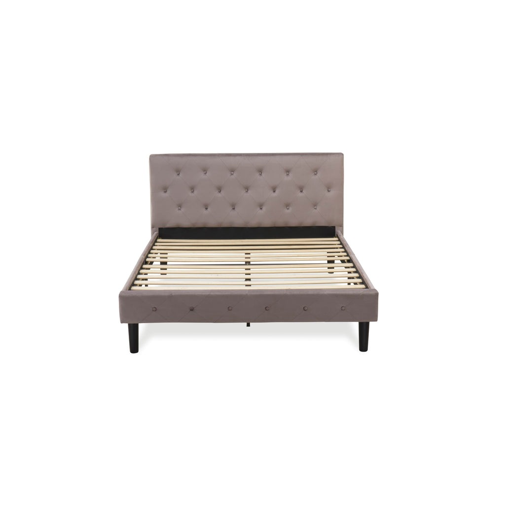 East West Furniture NLF-14-F Nolan Platform Bed - Button Tufted Brown Taupe Velvet Fabric Padded Headboard & Footboard