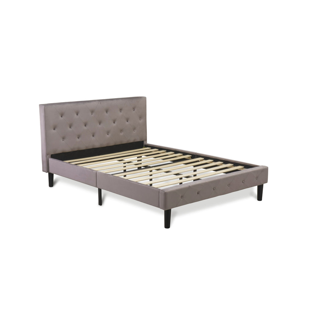 East West Furniture NL14F-1GO11 2 Piece Bedroom Set - Button Tufted Platform Bed Frame - Brown Taupe Velvet Fabric Upholstered Headboard and a Black Finish Nightstand