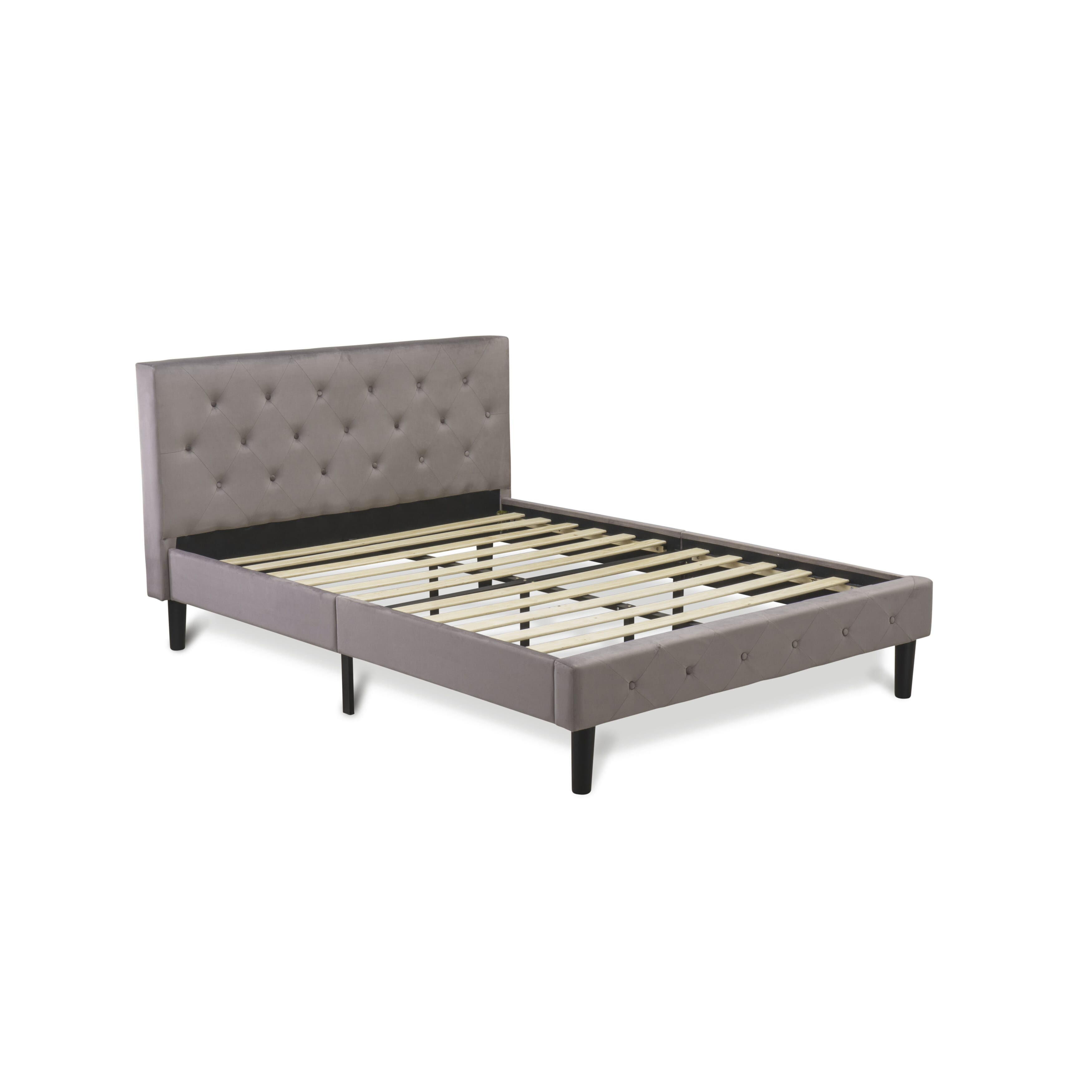 East West Furniture NL14F-1GA07 2 Piece Bedroom Set - Full Size Button Tufted Bed Frame - Brown Taupe Velvet Fabric Upholstered Headboard and a Distressed Jacobean Finish Nightstand