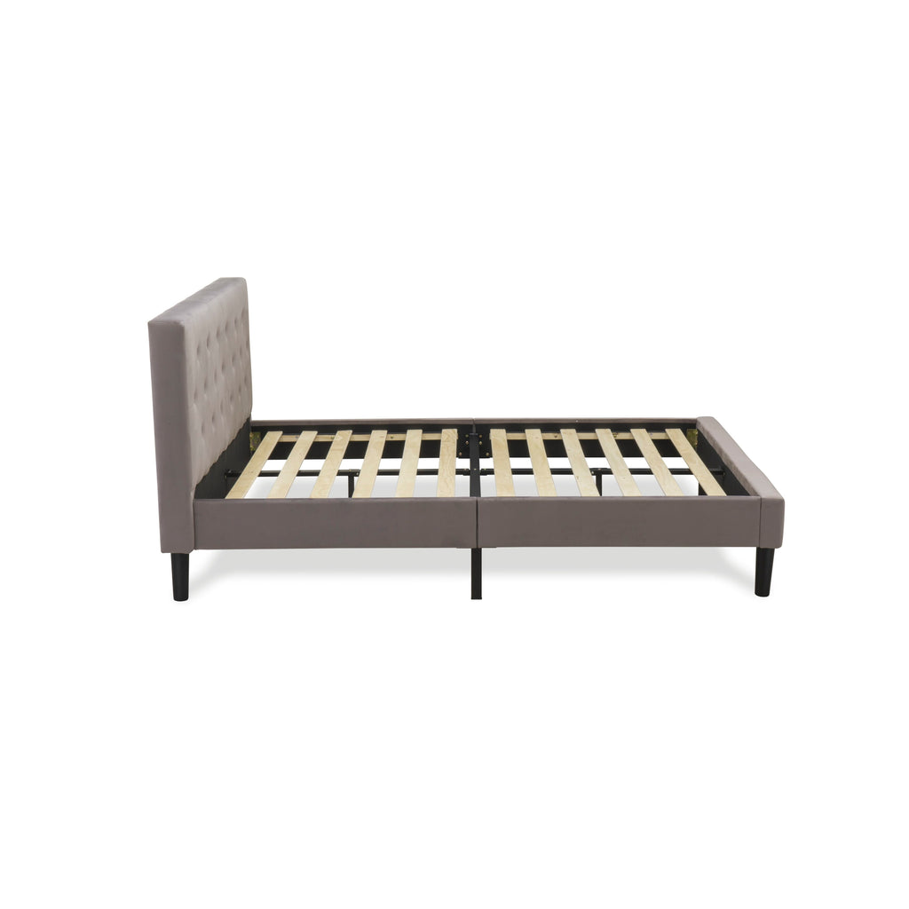 East West Furniture NL14F-1GO11 2 Piece Bedroom Set - Button Tufted Platform Bed Frame - Brown Taupe Velvet Fabric Upholstered Headboard and a Black Finish Nightstand