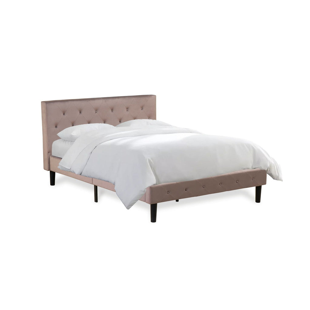 East West Furniture NL14F-1DE07 2 Piece Full Bed Set - Button Tufted Wood Bed Frame - Brown Taupe Velvet Fabric Upholstered Headboard and a Distressed Jacobean Finish Nightstand