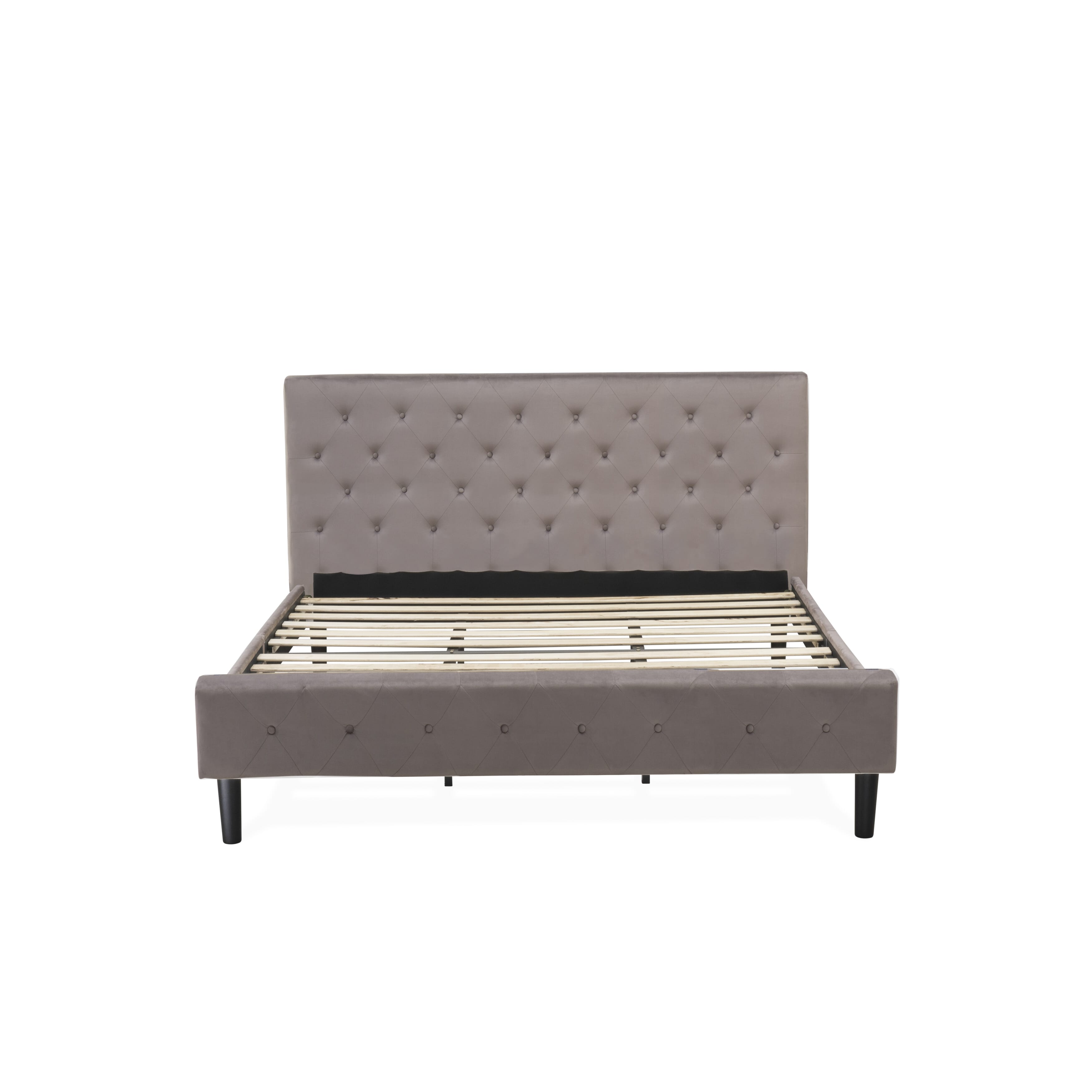 Juego de cama tamaño king de 2 piezas East West Furniture NL14K-1HA13 con estructura capitoné, cabecera tapizada en terciopelo marrón topo y mesita de noche con acabado burdeos.