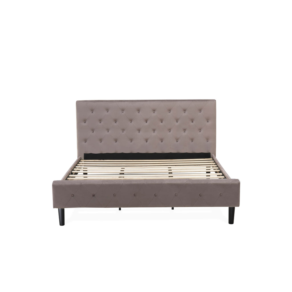 East West Furniture NL14K-2HA13 3 Piece Modern Bedroom Set - King Size Button Tufted Bed Frame - Brown Taupe Velvet Fabric Upholstered Headboard and a Burgundy Finish Nightstand