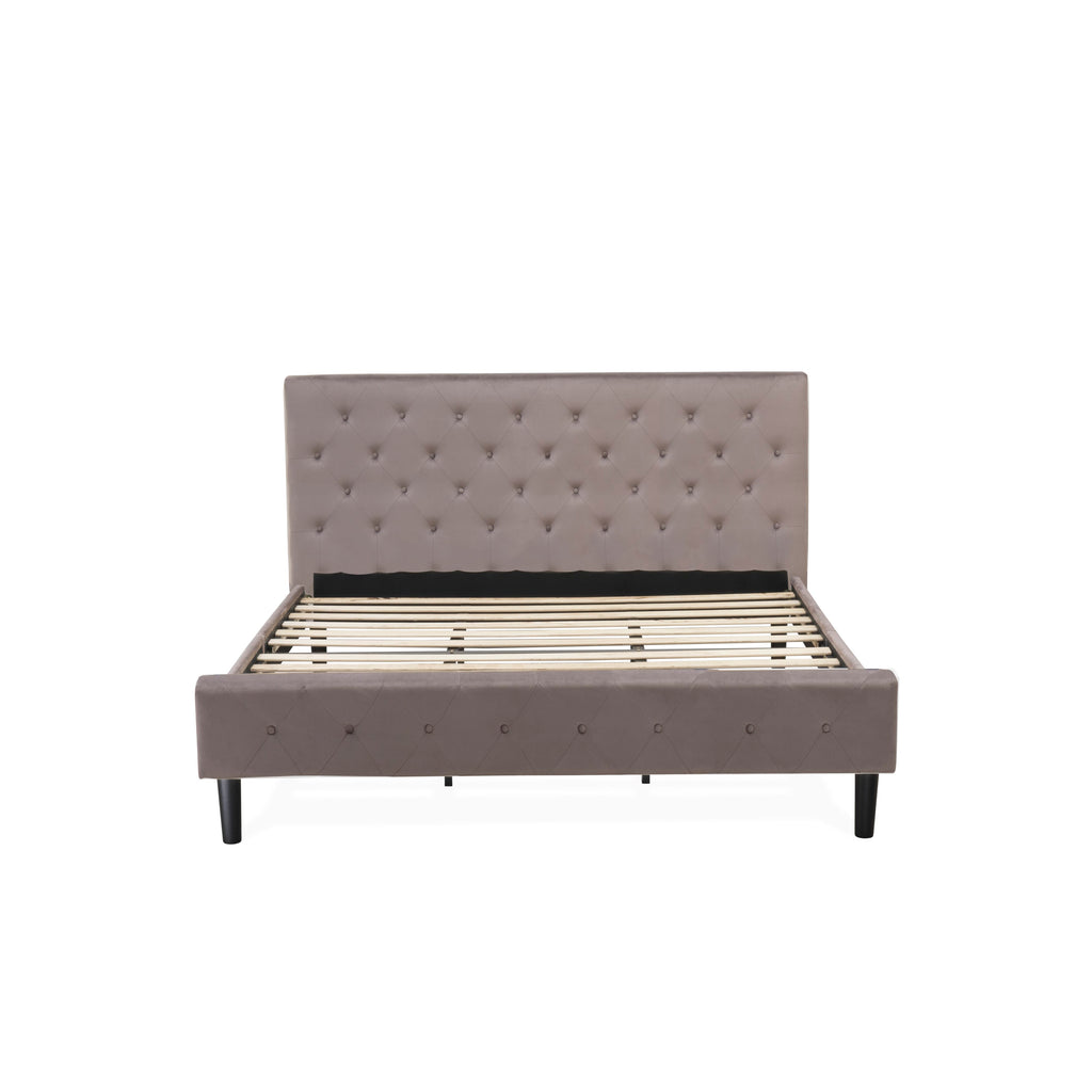 East West Furniture NL14K-2HI07 3 Piece King Bed Set - Button Tufted Modern Bed Frame - Brown Taupe Velvet Fabric Upholstered Headboard and a Distressed Jacobean Finish Nightstand