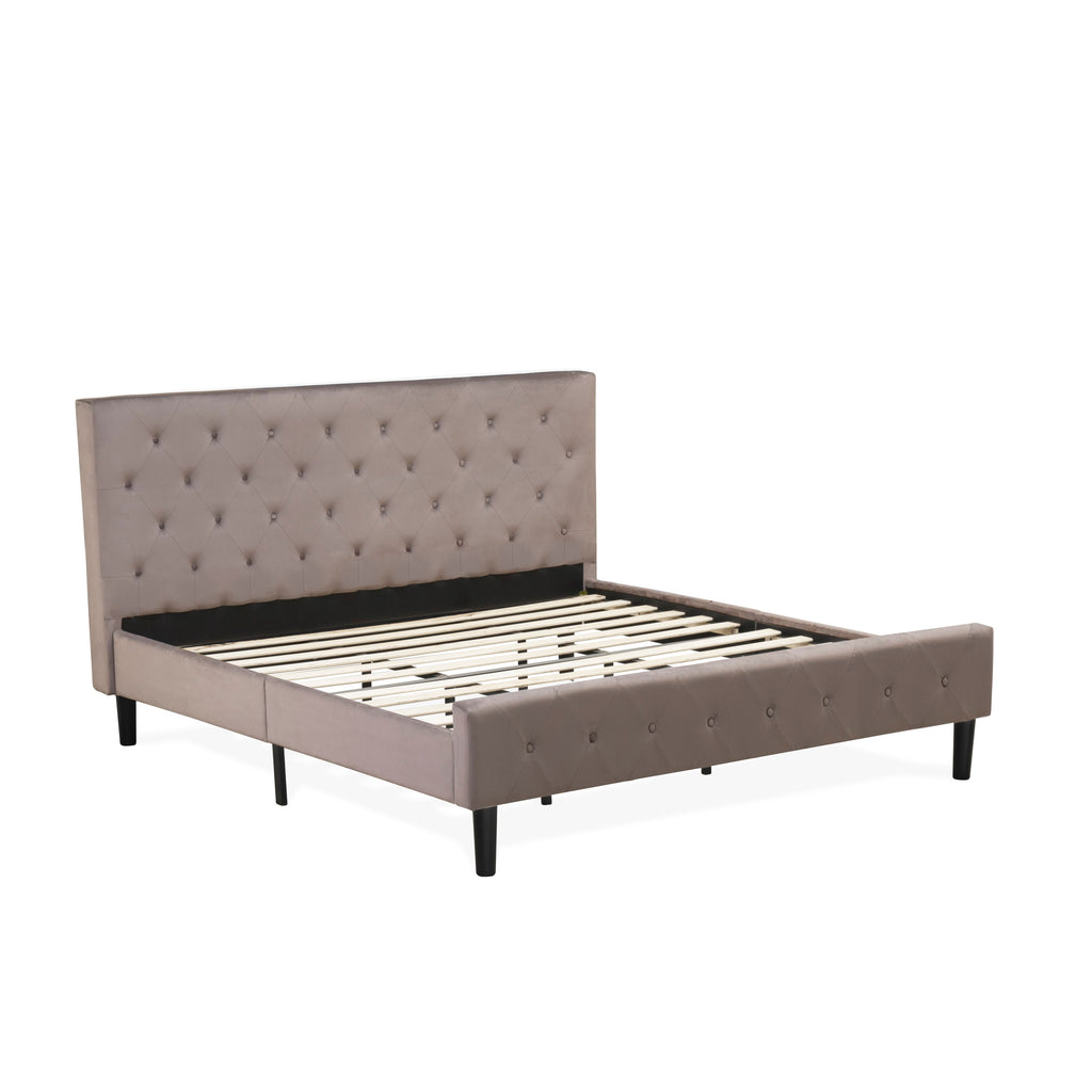 East West Furniture NL14K-1GO11 2 Piece Bed Set - Button Tufted Wooden Bed Frame - Brown Taupe Velvet Fabric Upholstered Headboard and a Black Finish Nightstand