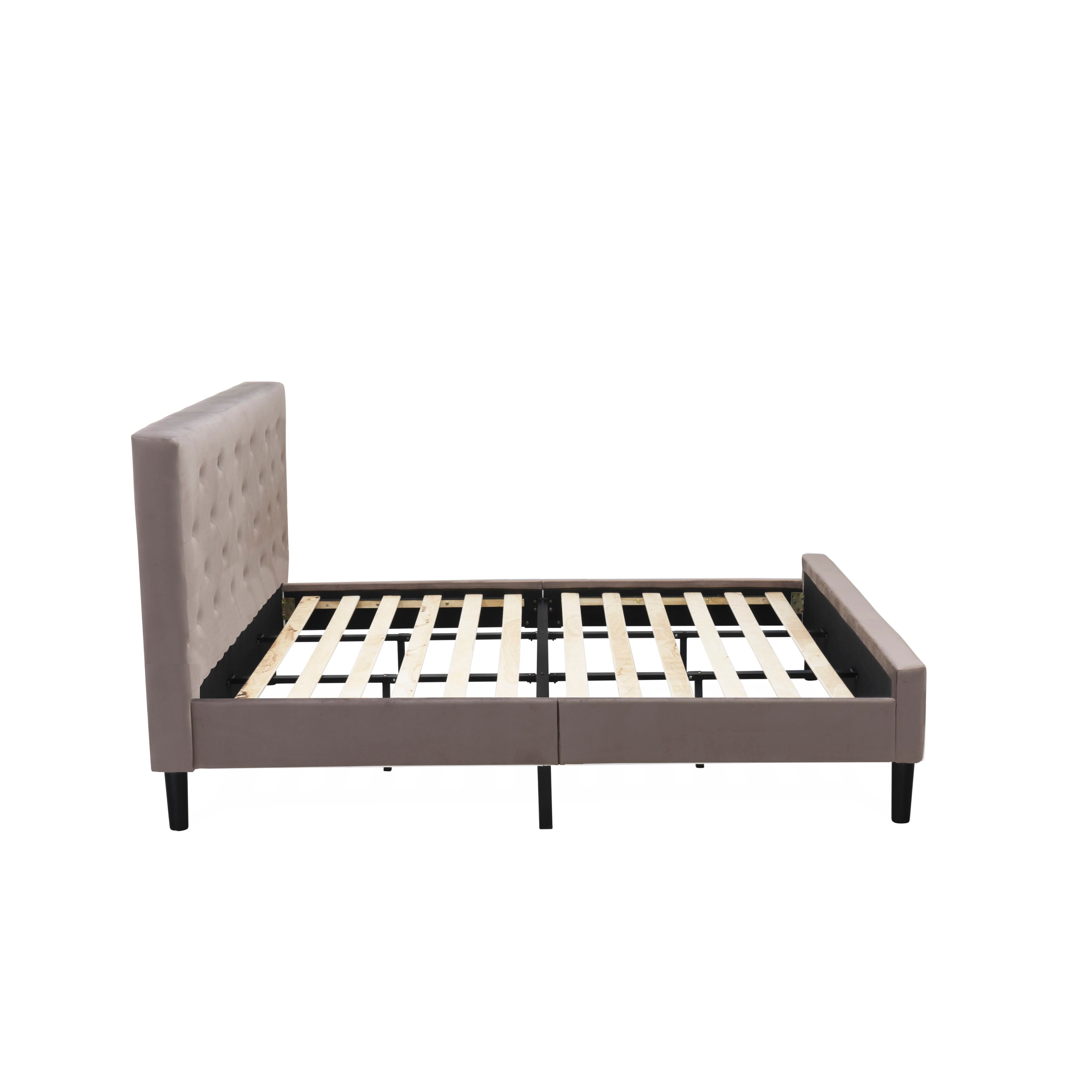 Juego de cama tamaño king de 2 piezas East West Furniture NL14K-1HA13 con estructura capitoné, cabecera tapizada en terciopelo marrón topo y mesita de noche con acabado burdeos.