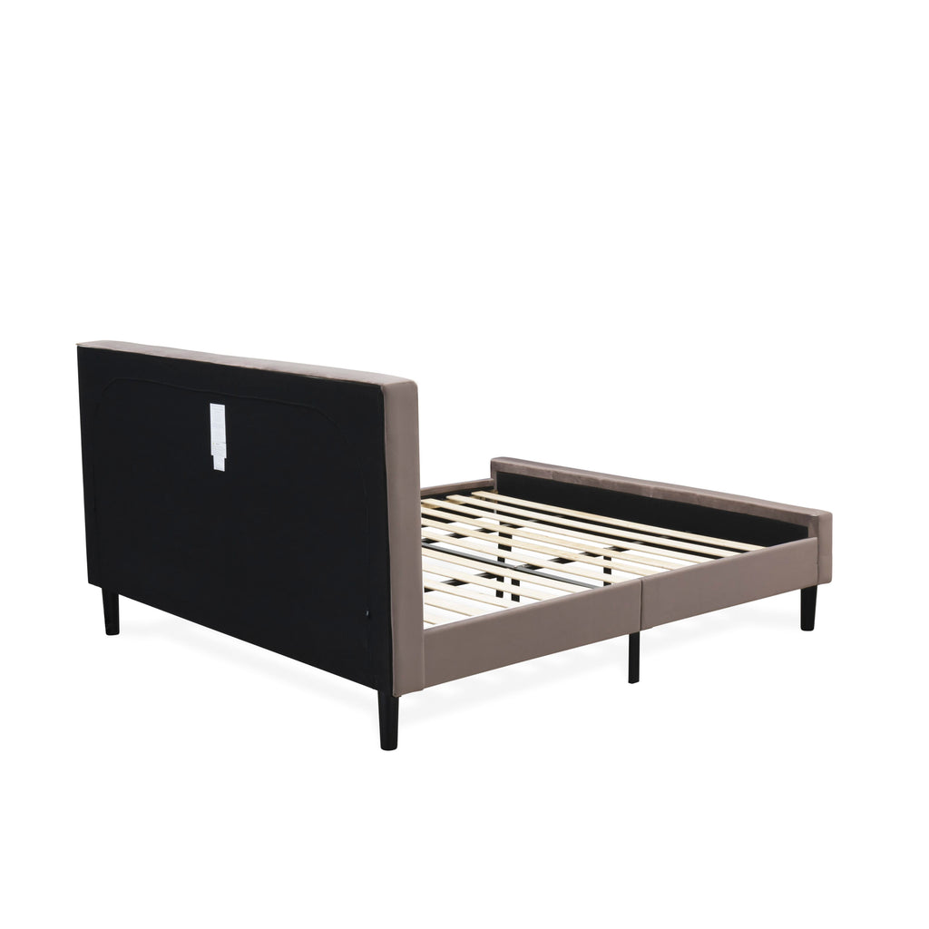East West Furniture NLF-14-K Nolan Platform Bed Frame - Button Tufted Brown Taupe Velvet Fabric Upholstered Headboard & Footboard