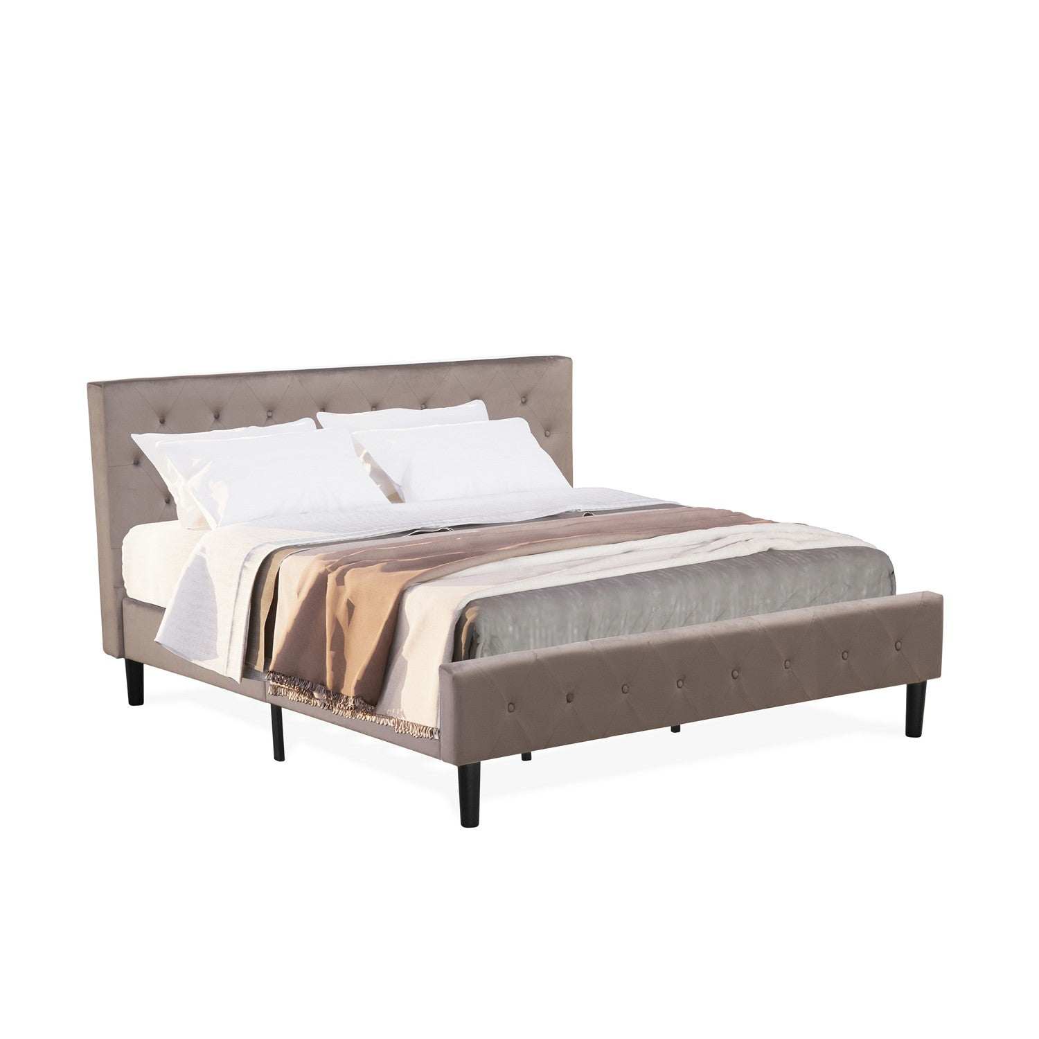 Juego de cama de 2 piezas East West Furniture NL14K-1HI07: estructura de cama tamaño king con botones capitoné, cabecera tapizada en terciopelo marrón topo y mesita de noche con acabado jacobino envejecido.