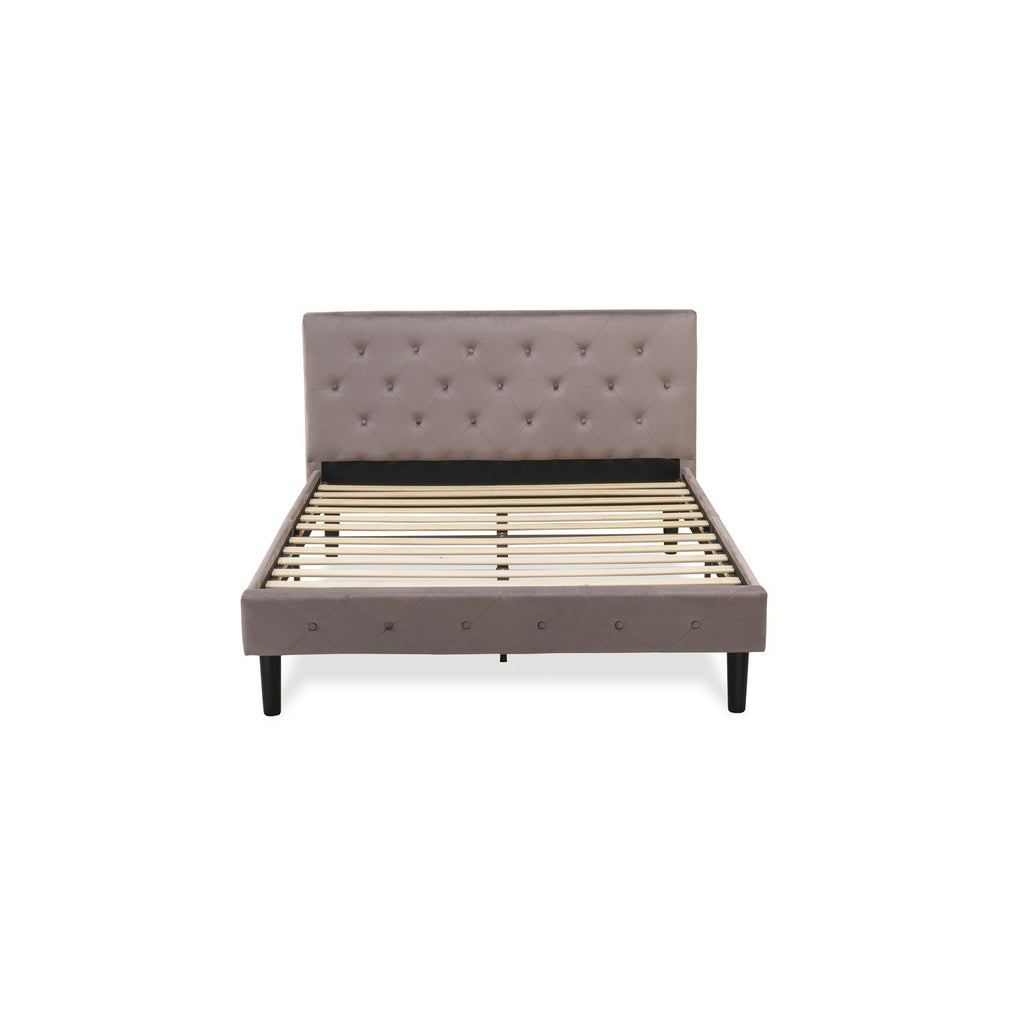 East West Furniture NL14Q-2VL07 3 Pc Bed Set - Queen Size Button Tufted Bed - Brown Taupe Velvet Fabric Upholstered Headboard and a Distressed Jacobean Finish Nightstand