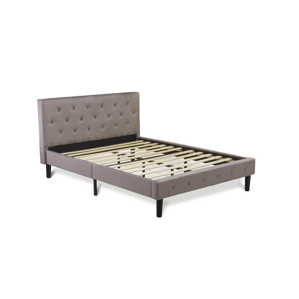 East West Furniture NL14Q-2DE07 3 Pc Bedroom Set - Button Tufted Platform Bed - Brown Taupe Velvet Fabric Upholstered Headboard and a Distressed Jacobean Finish Nightstand