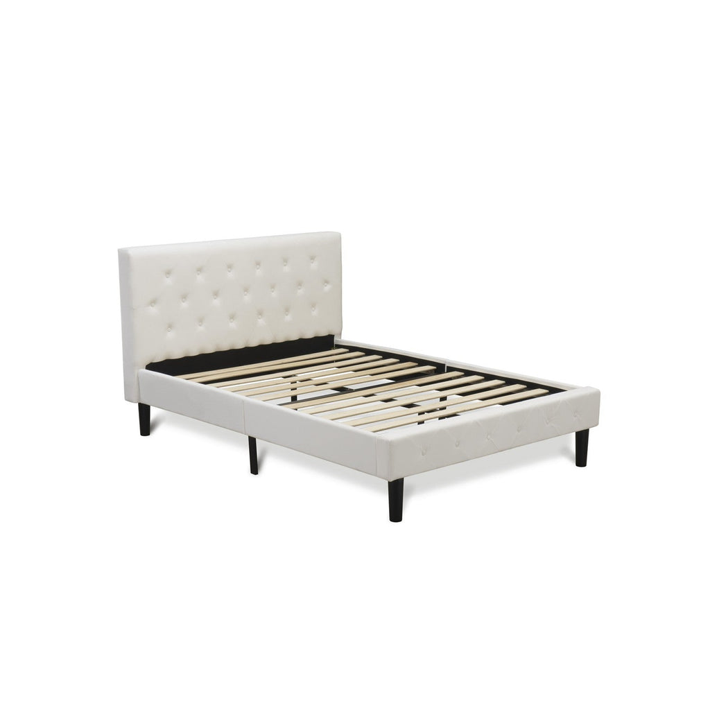 East West Furniture NLF-19-F Nolan Platform Bed Frame - Button Tufted White Velvet Fabric Padded Headboard & Footboard